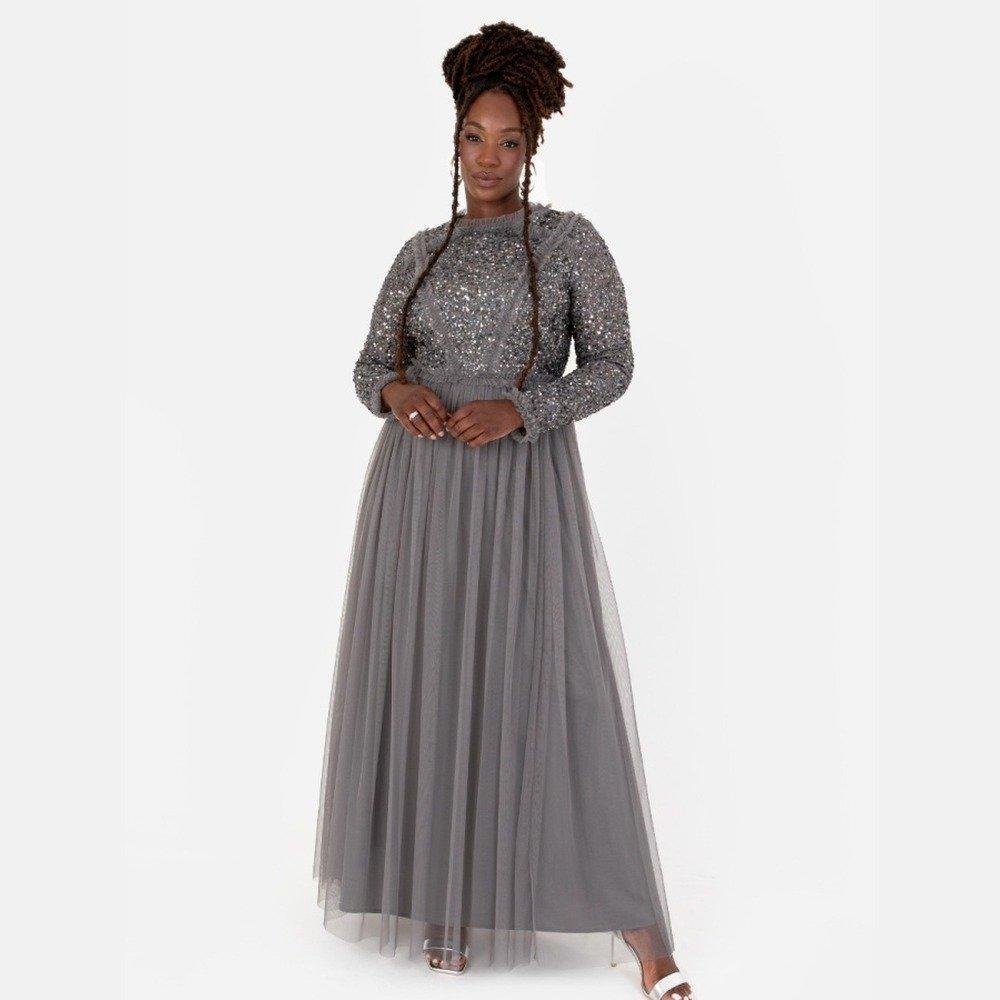 Charcoal - Maya Deluxe - Maya Charcoal Maxi Sleeve Embellished Maxi Dress with Frill Detail - 1