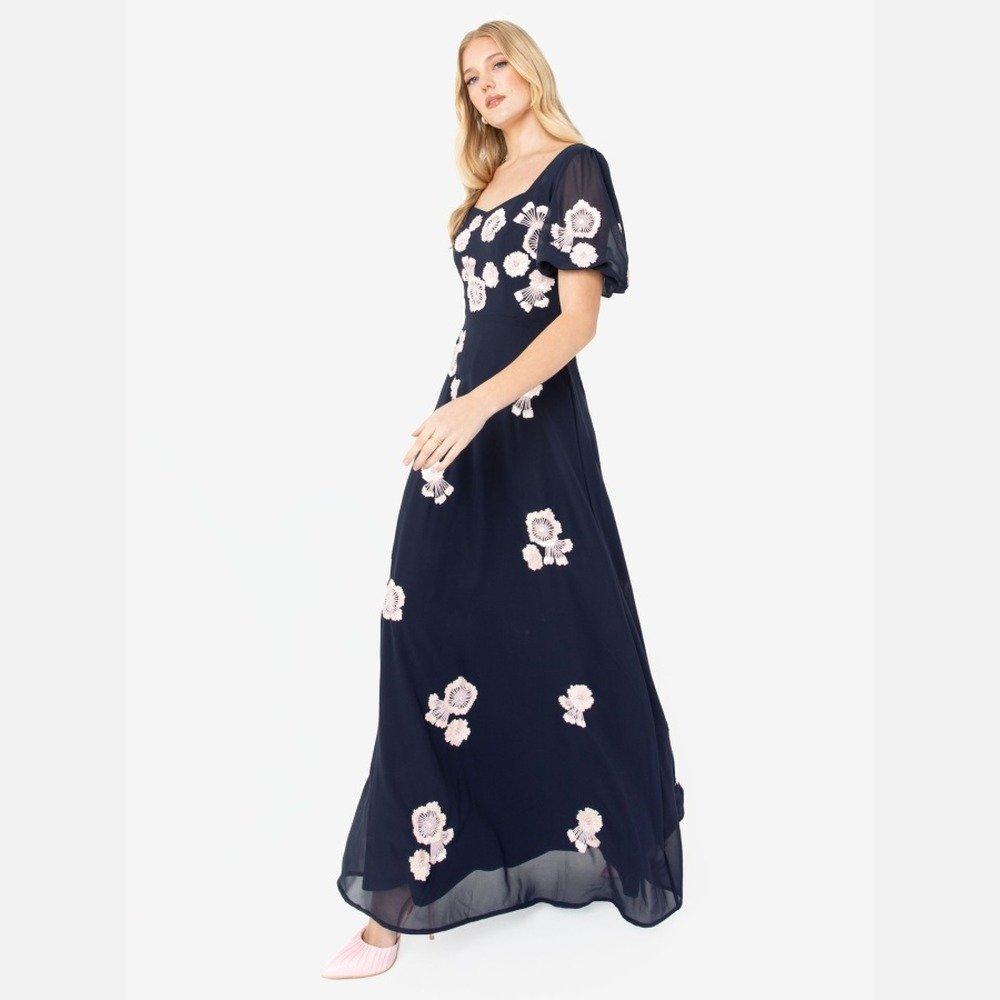 Navy - Maya Deluxe - Maya Navy Short Sleeve Floral Embellished Maxi Dress - 1