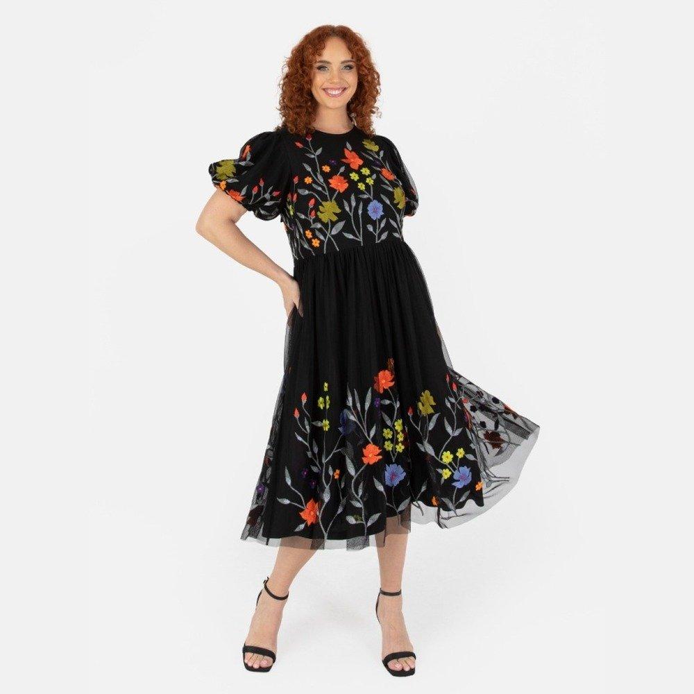 Black - Maya Deluxe - Maya Black Floral Embroidered Midi Dress With Keyhole Back - 1