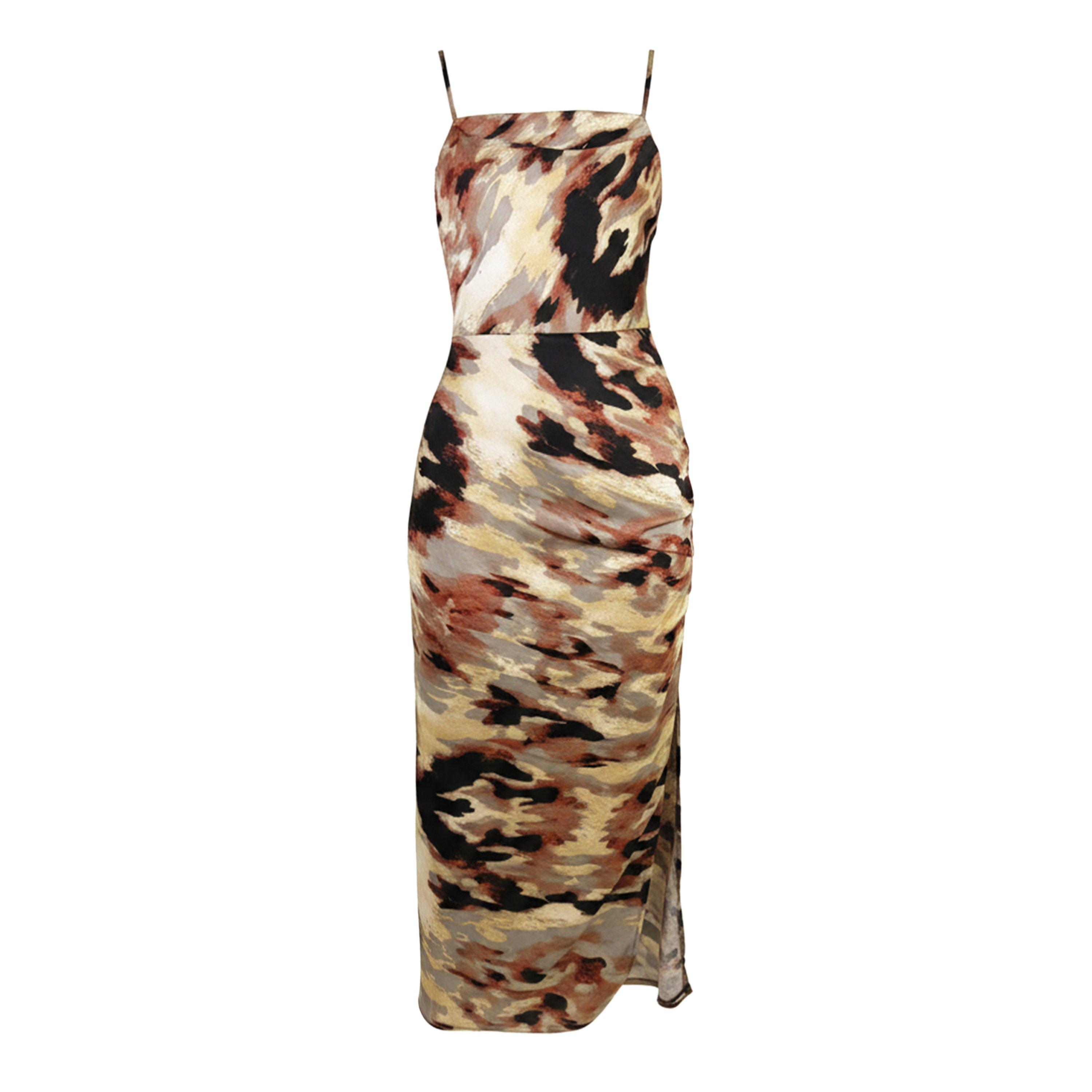 Brown - AX Paris - Brown Smudge Print Strappy Ruched Side Midi Dress - 1