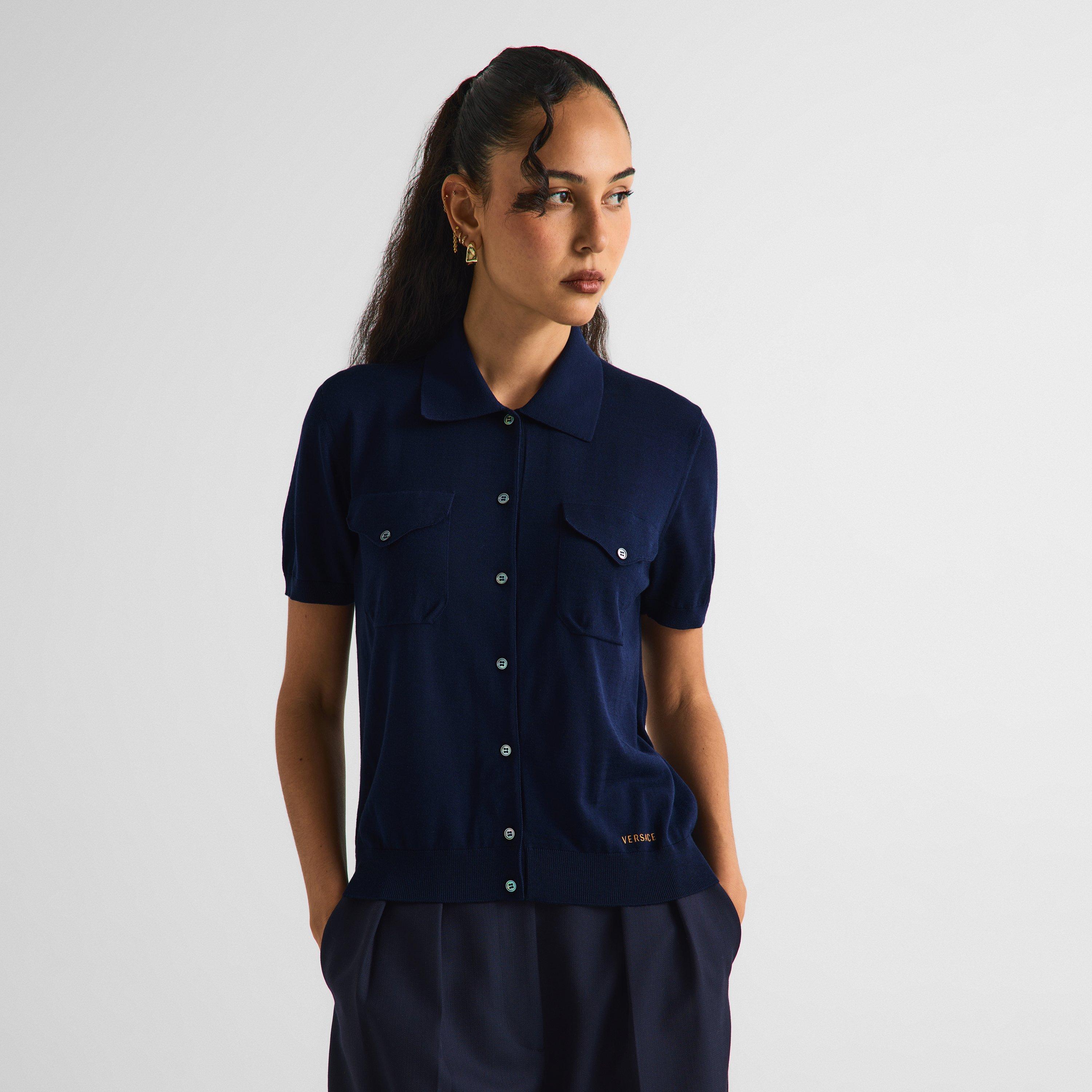 Navy - Versace - Women's Knitted Short Sleeve Shirt - 3