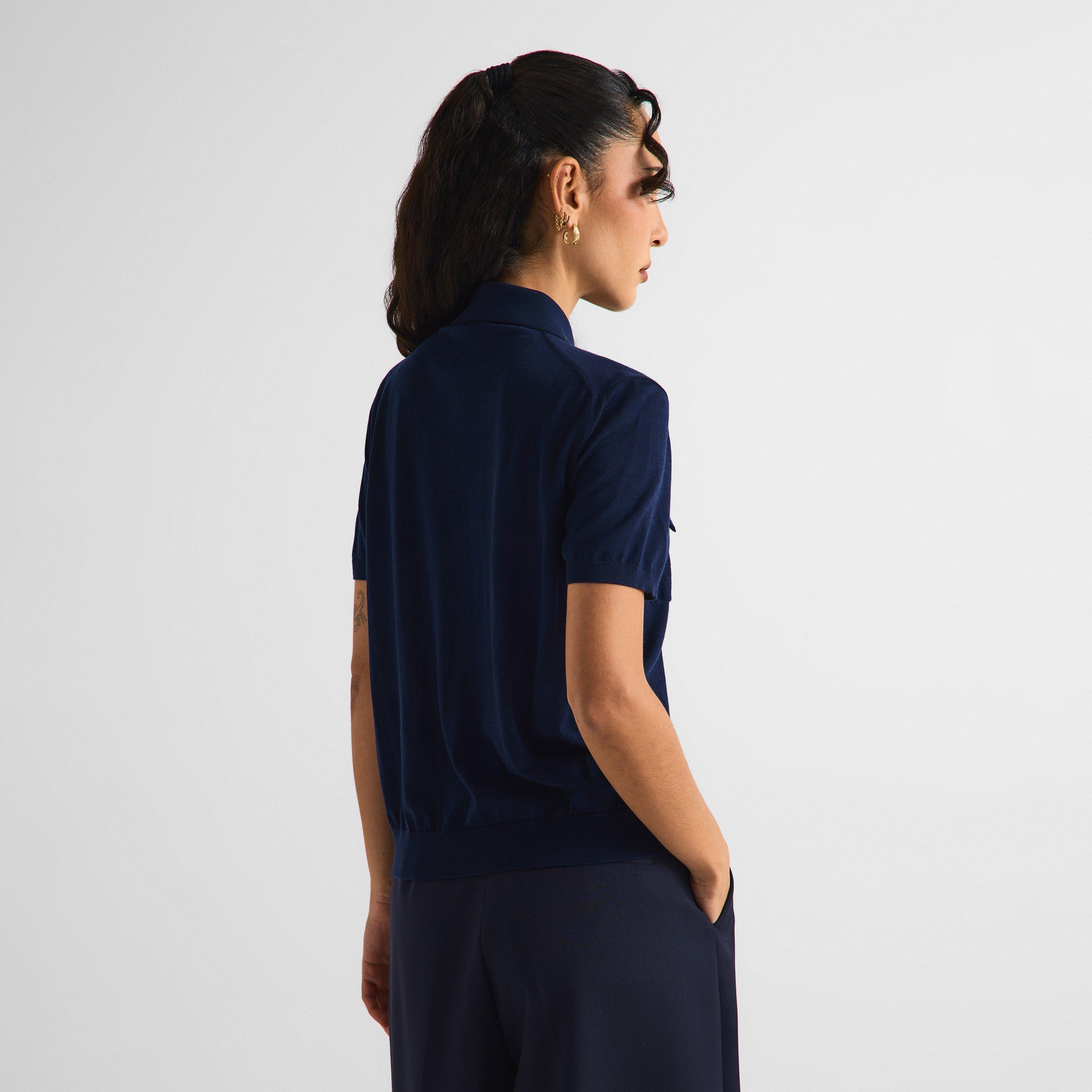 Navy - Versace - Women's Knitted Short Sleeve Shirt - 4