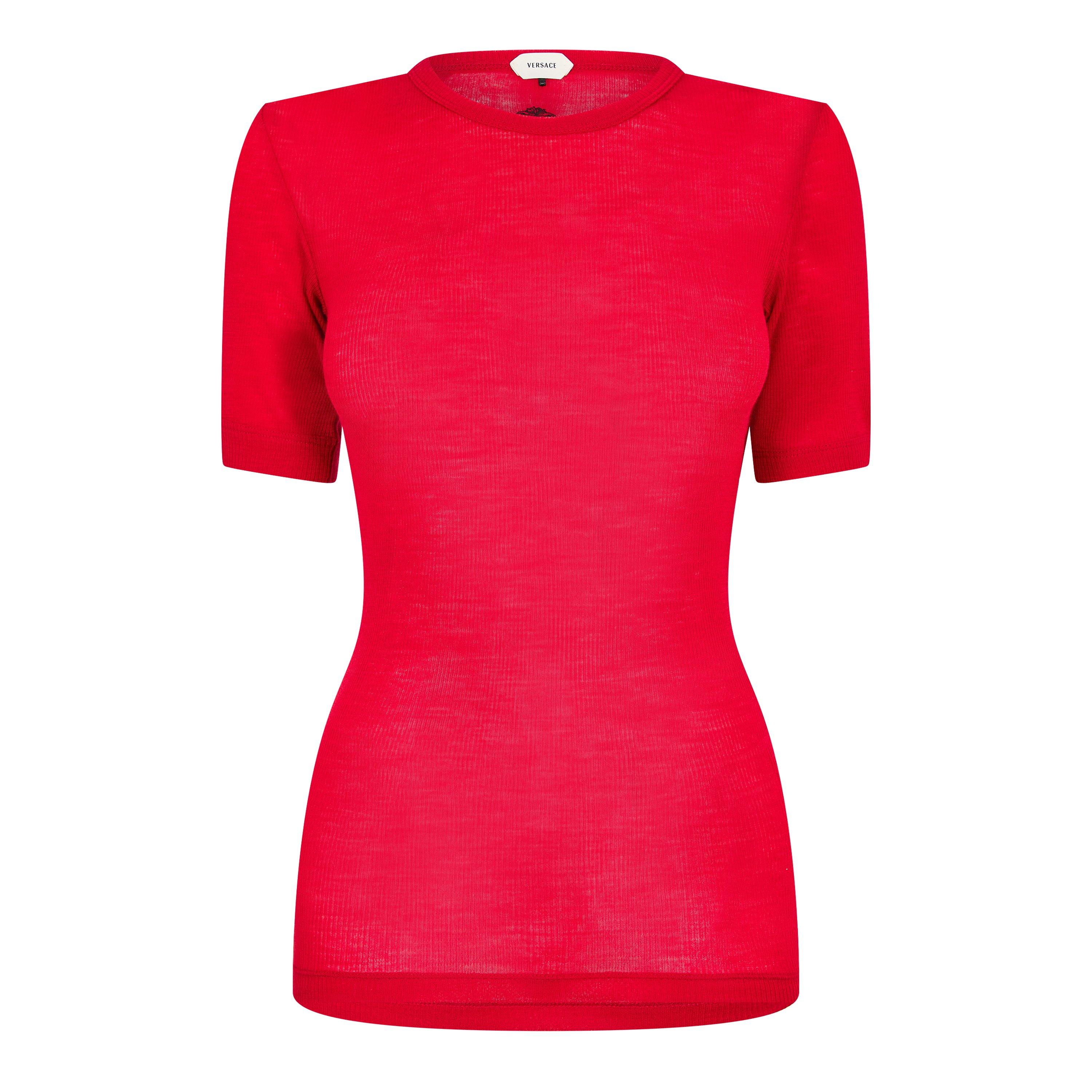 Versace Women's Ribbed Medusa T-Shirt - Lipstick Red - Size 44 (UK 12)
