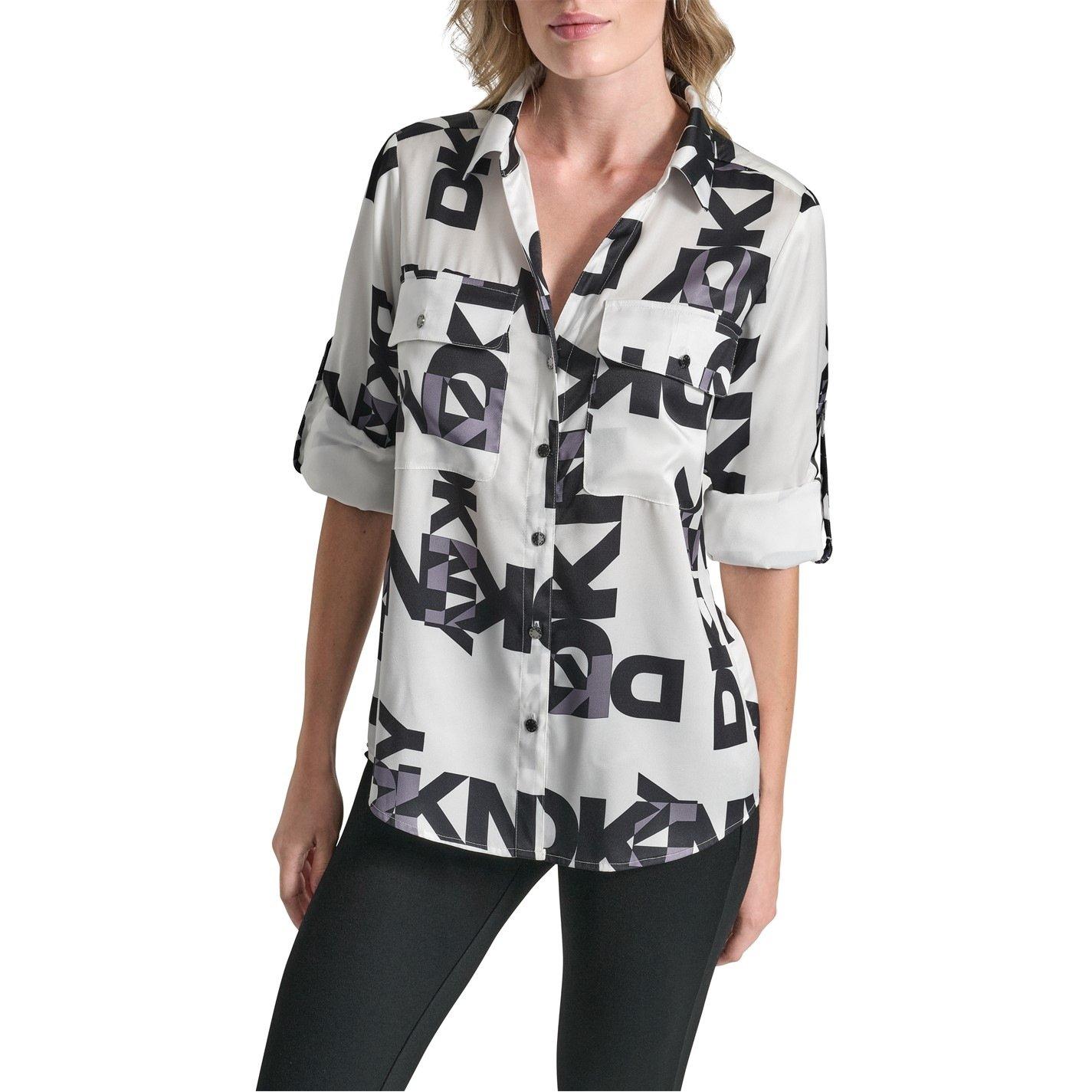 White/Black - DKNY - Womens DKNY Sportswear All-Over Print Long-Sleeve Shirt - 1
