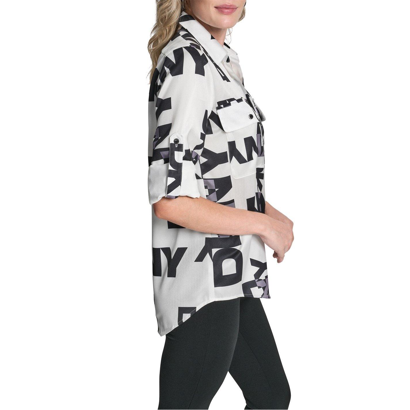 White/Black - DKNY - Womens DKNY Sportswear All-Over Print Long-Sleeve Shirt - 3