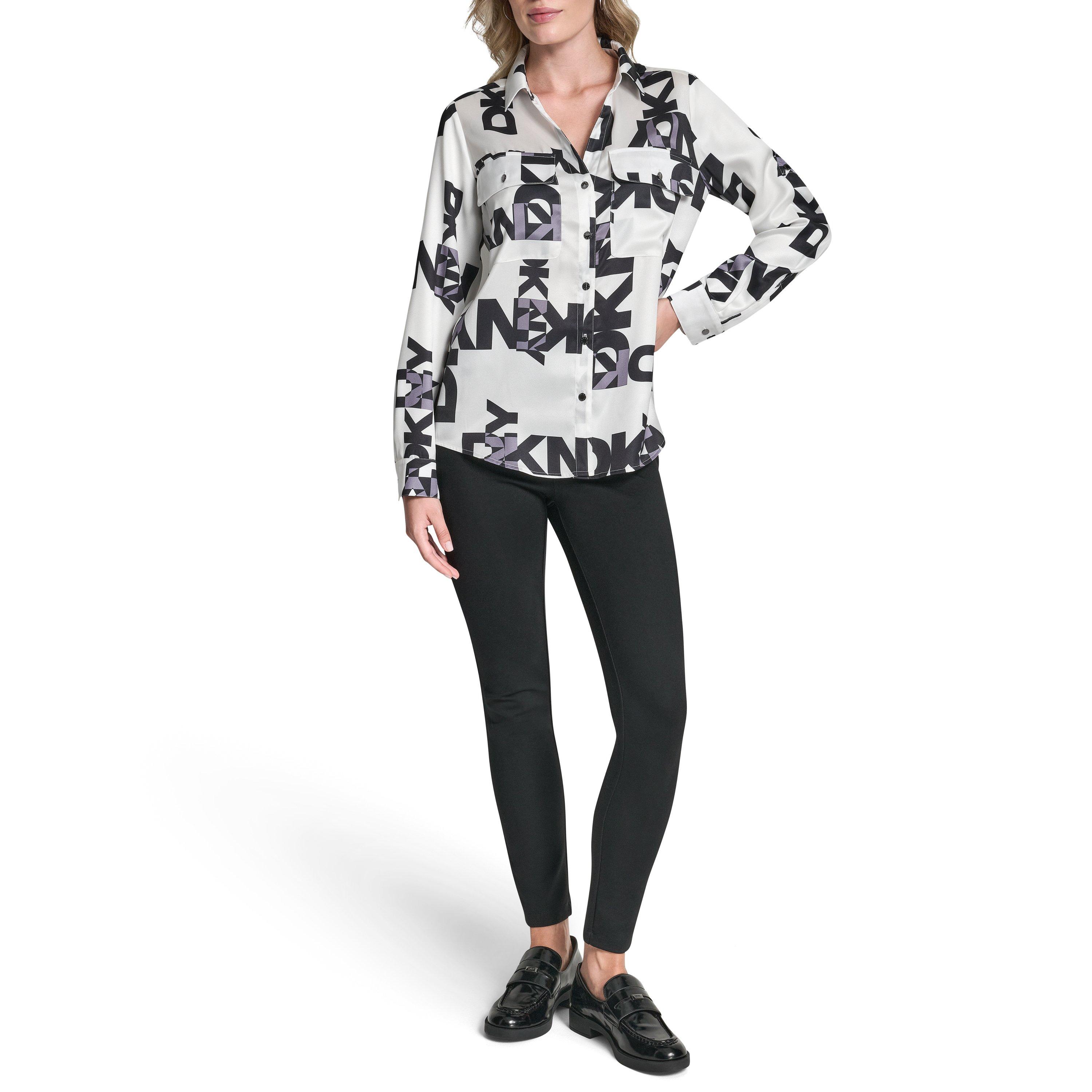 White/Black - DKNY - Womens DKNY Sportswear All-Over Print Long-Sleeve Shirt - 6