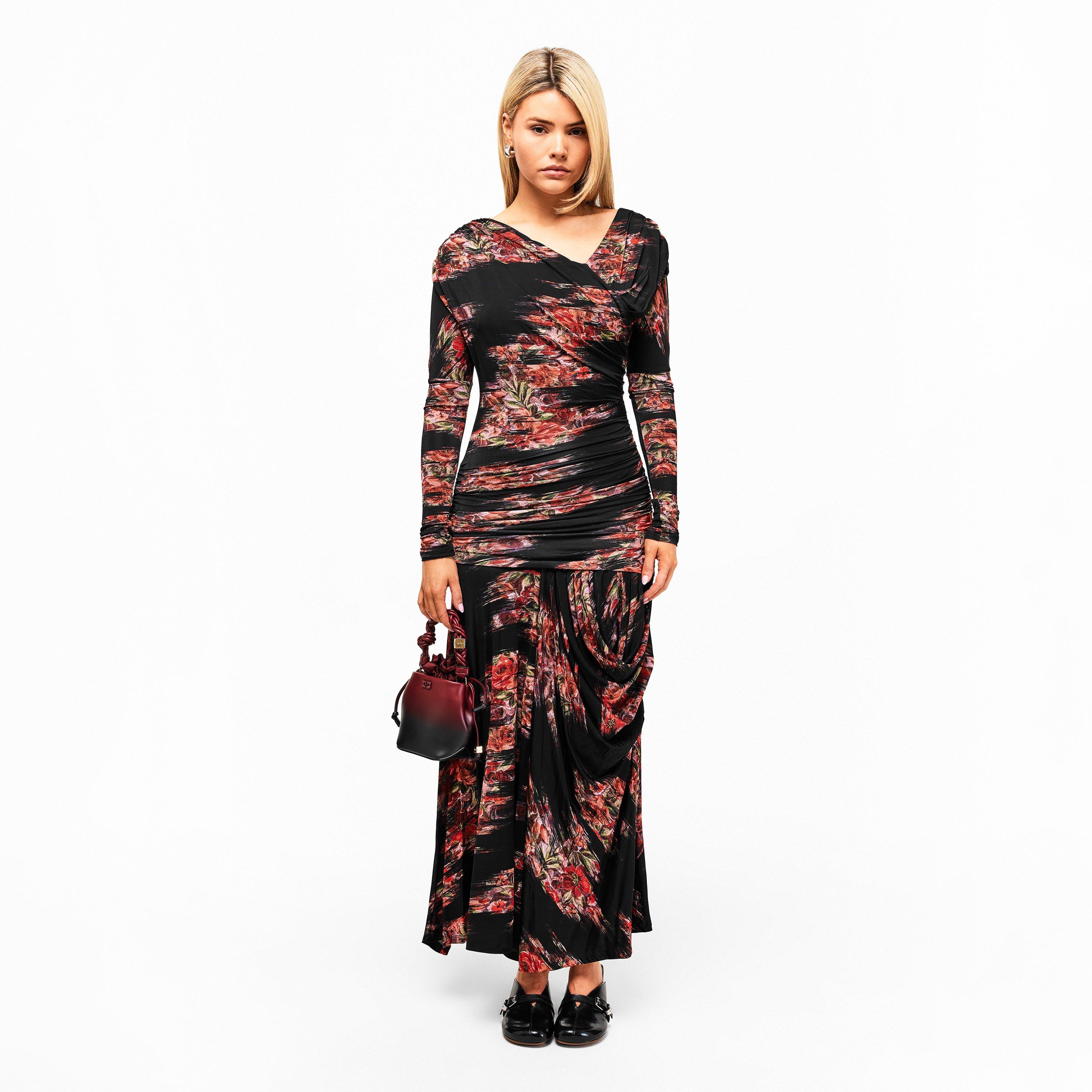 Black - Ganni - Women's Printed Jersey Long Maxi Dress - 6
