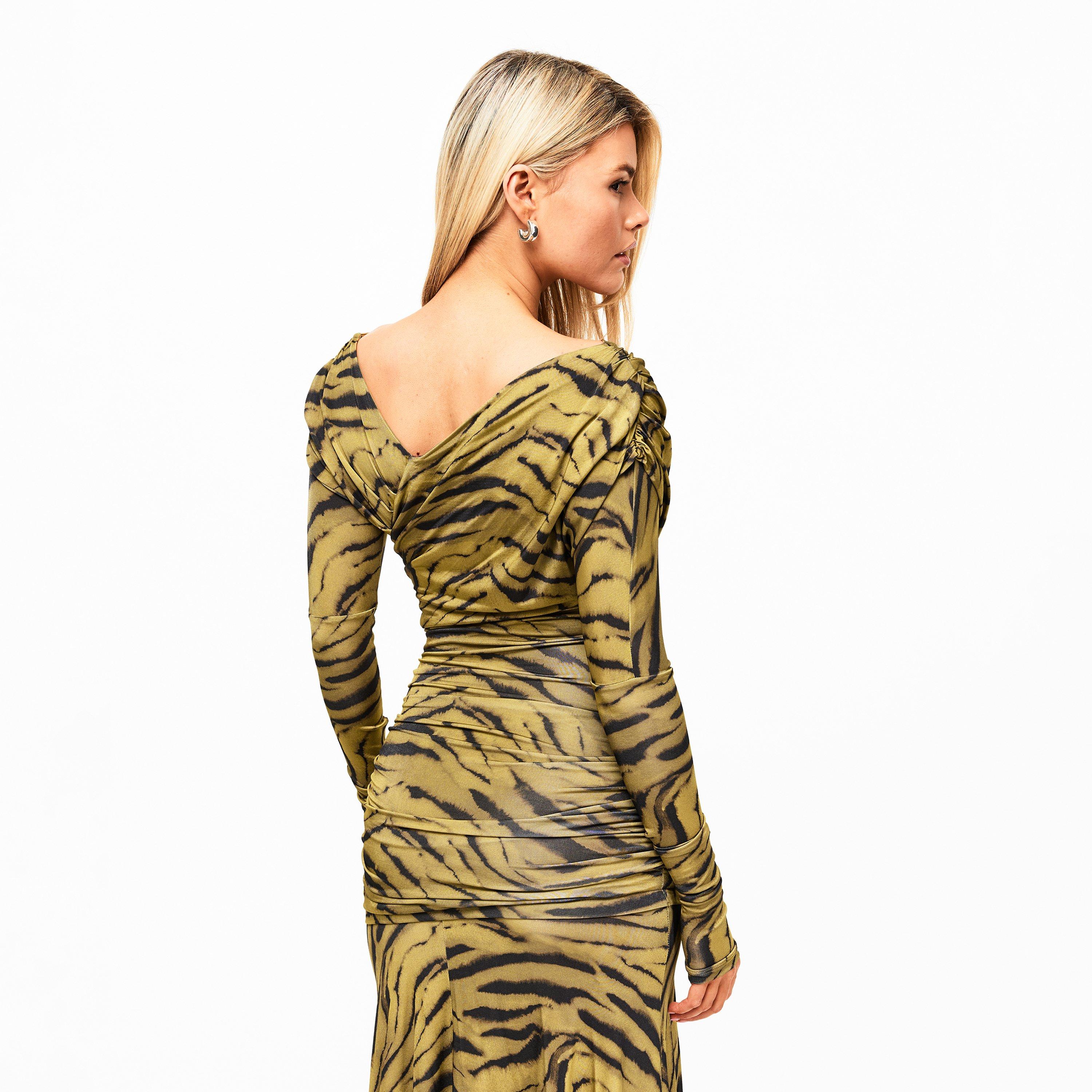 Khaki - Ganni - Women's Printed Jersey Long Maxi Dress - 4