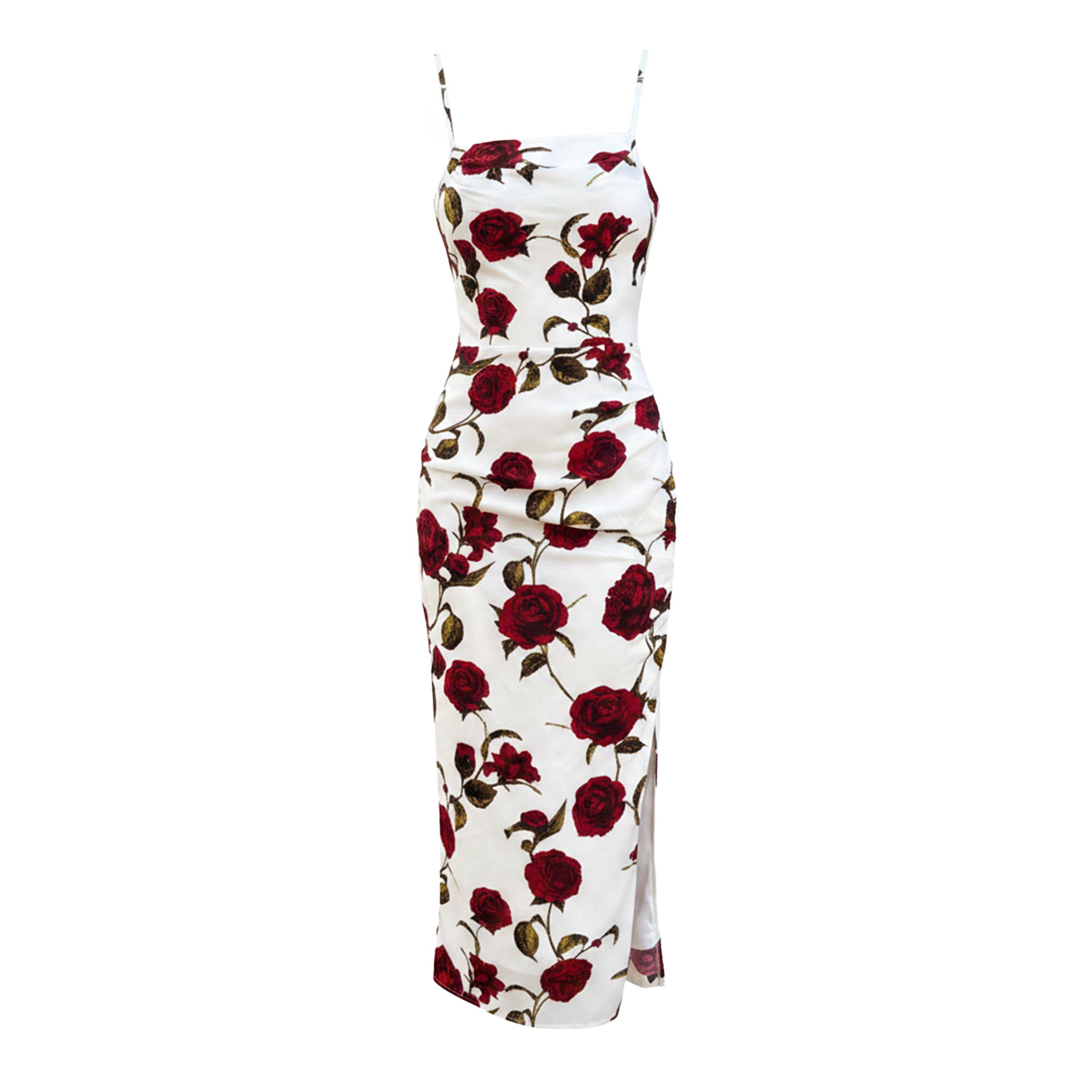 Cream - AX Paris - Cream Rose Printed Ruched Side Strappy Midi Dress - 1