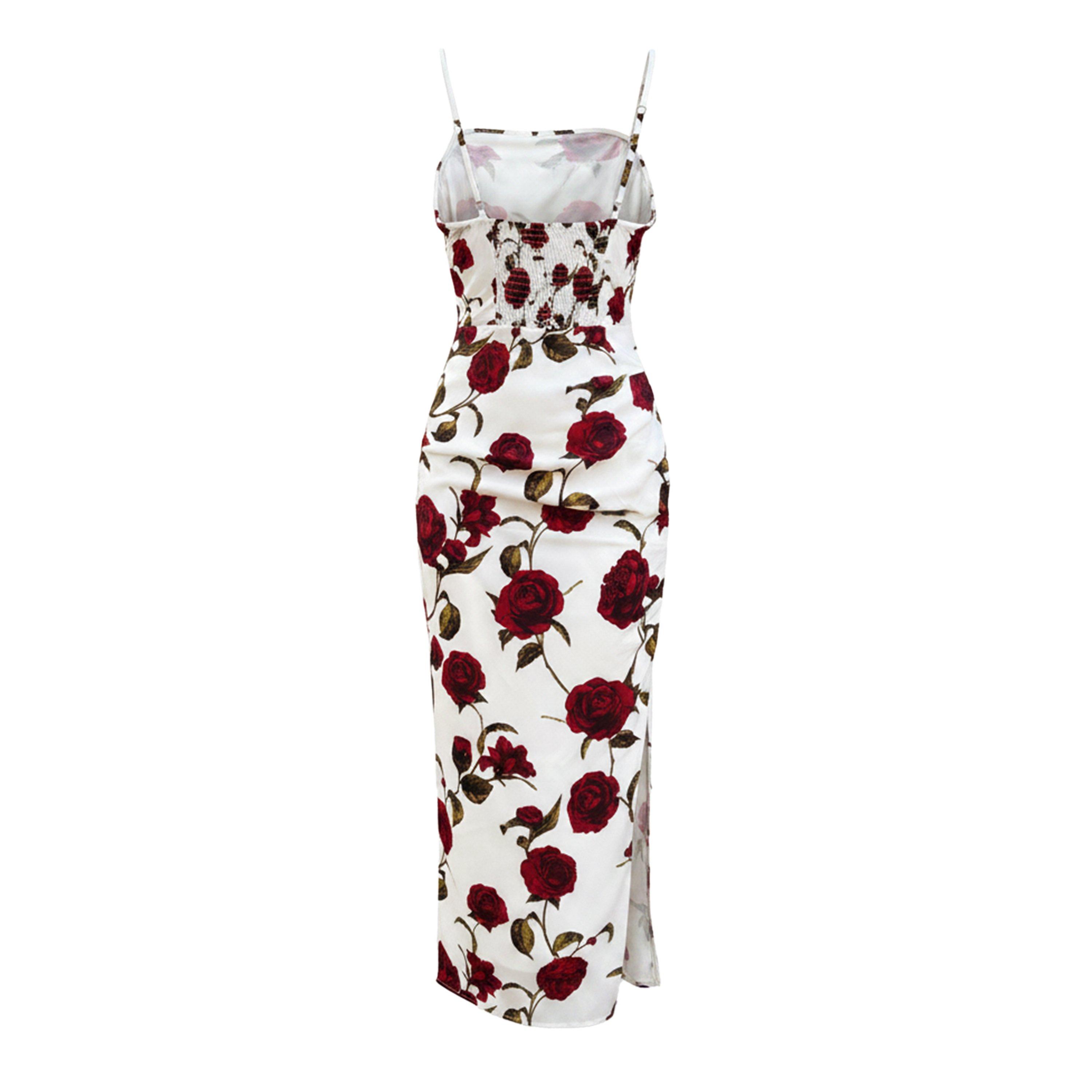 Crème - AX Paris - Cream Rose Printed Ruched Side Strappy Midi Dress - 2