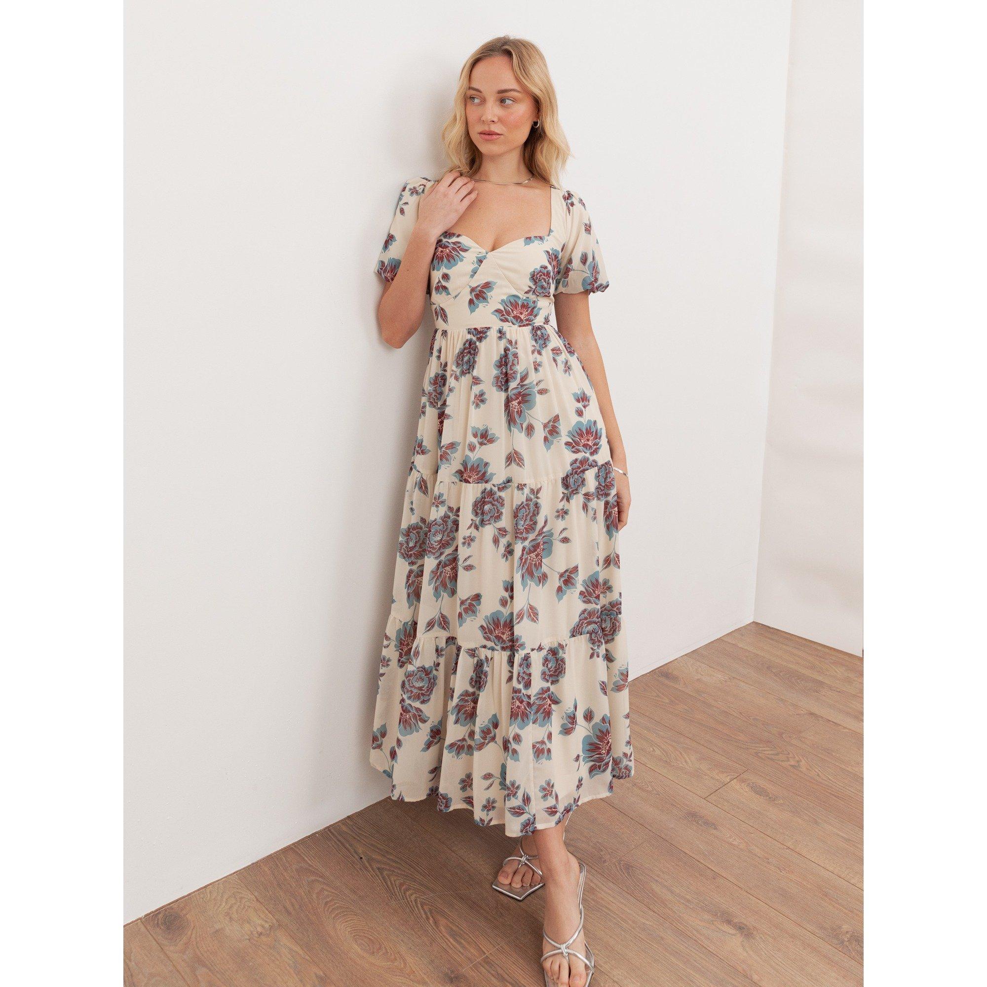 Crm/Blu Floral - Anaya With Love - Anaya With Love Recycled Floral Sweetheart Neck Puff Sleeve Midaxi Dress - 1