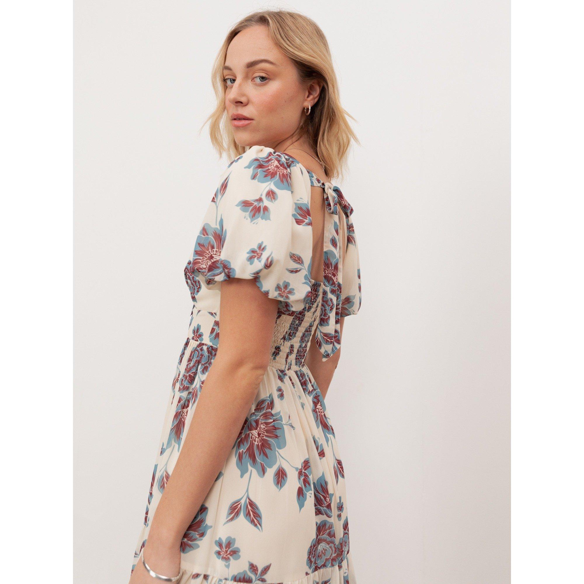 Crm/Blu Floral - Anaya With Love - Anaya With Love Recycled Floral Sweetheart Neck Puff Sleeve Midaxi Dress - 4
