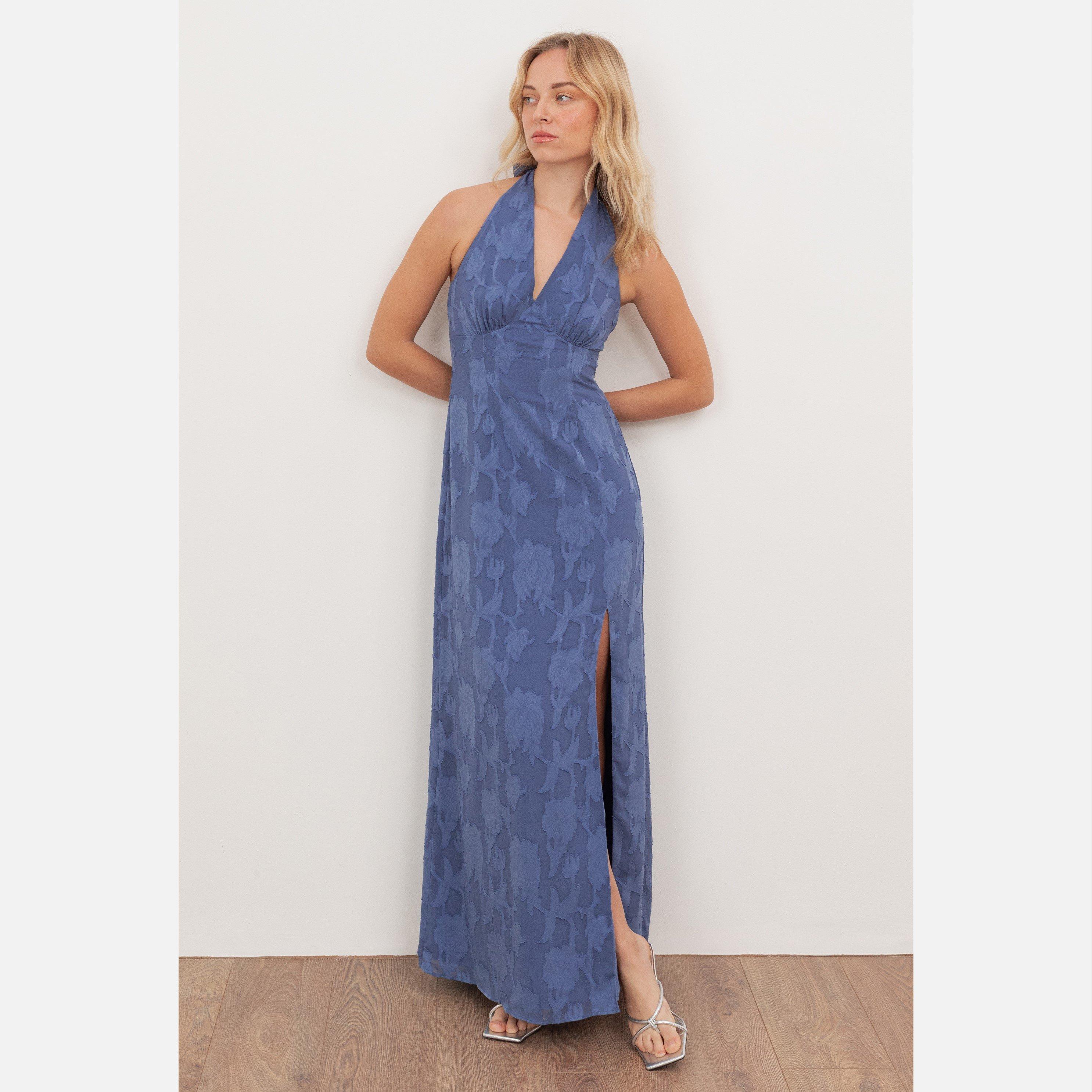 Azure Blue - Anaya With Love - Anaya With Love Recycled Azure Blue Floral Burnout Self-Tie Halter Neck Maxi Dress - 1