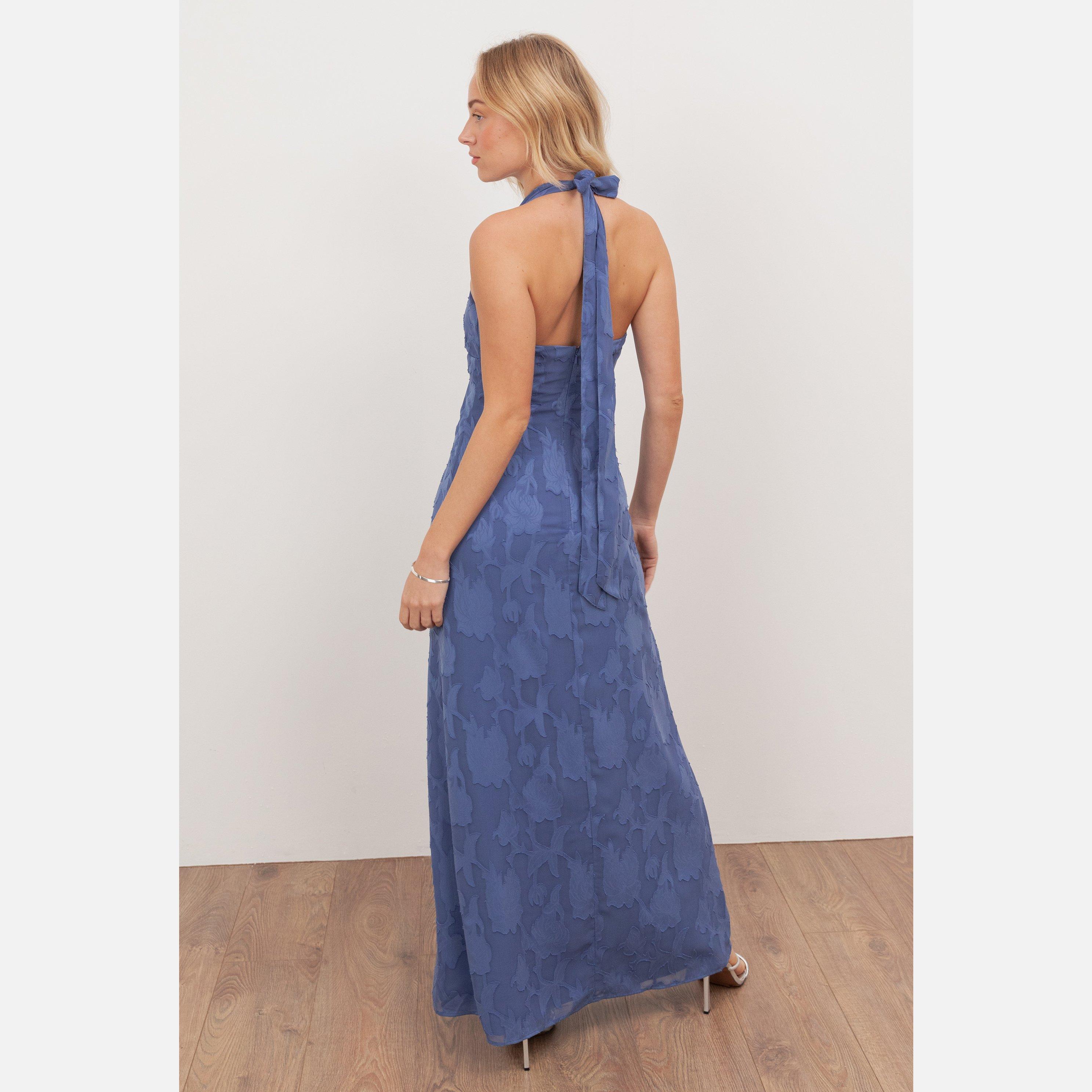 Azure Blue - Anaya With Love - Anaya With Love Recycled Azure Blue Floral Burnout Self-Tie Halter Neck Maxi Dress - 2