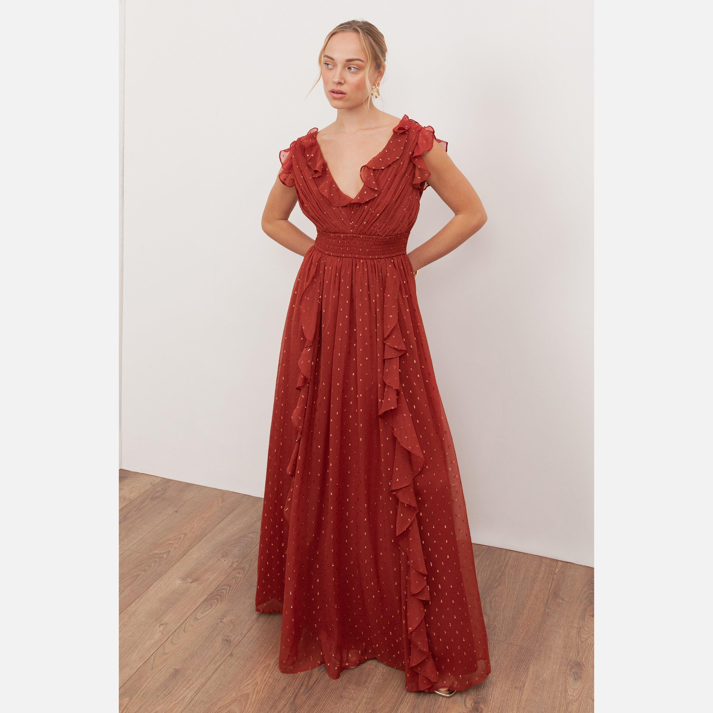 Chilli Red - Anaya With Love - Anaya With Love Recycled Chilli Red Plunge Neck Waterfall Ruffle Maxi Dress - 1