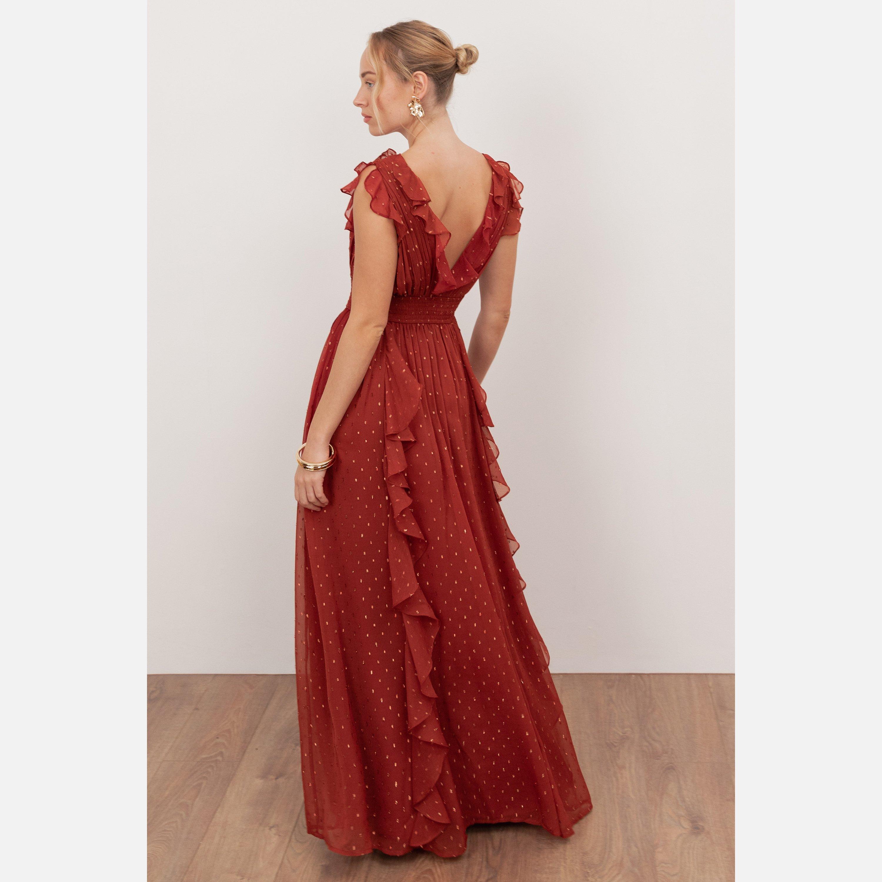 Chilli Red - Anaya With Love - Anaya With Love Recycled Chilli Red Plunge Neck Waterfall Ruffle Maxi Dress - 2