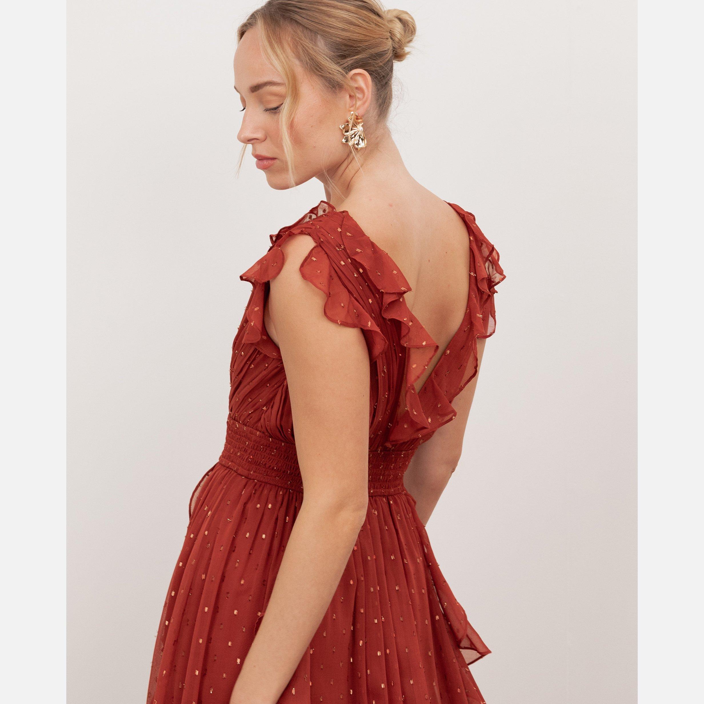 Chilli Red - Anaya With Love - Anaya With Love Recycled Chilli Red Plunge Neck Waterfall Ruffle Maxi Dress - 3