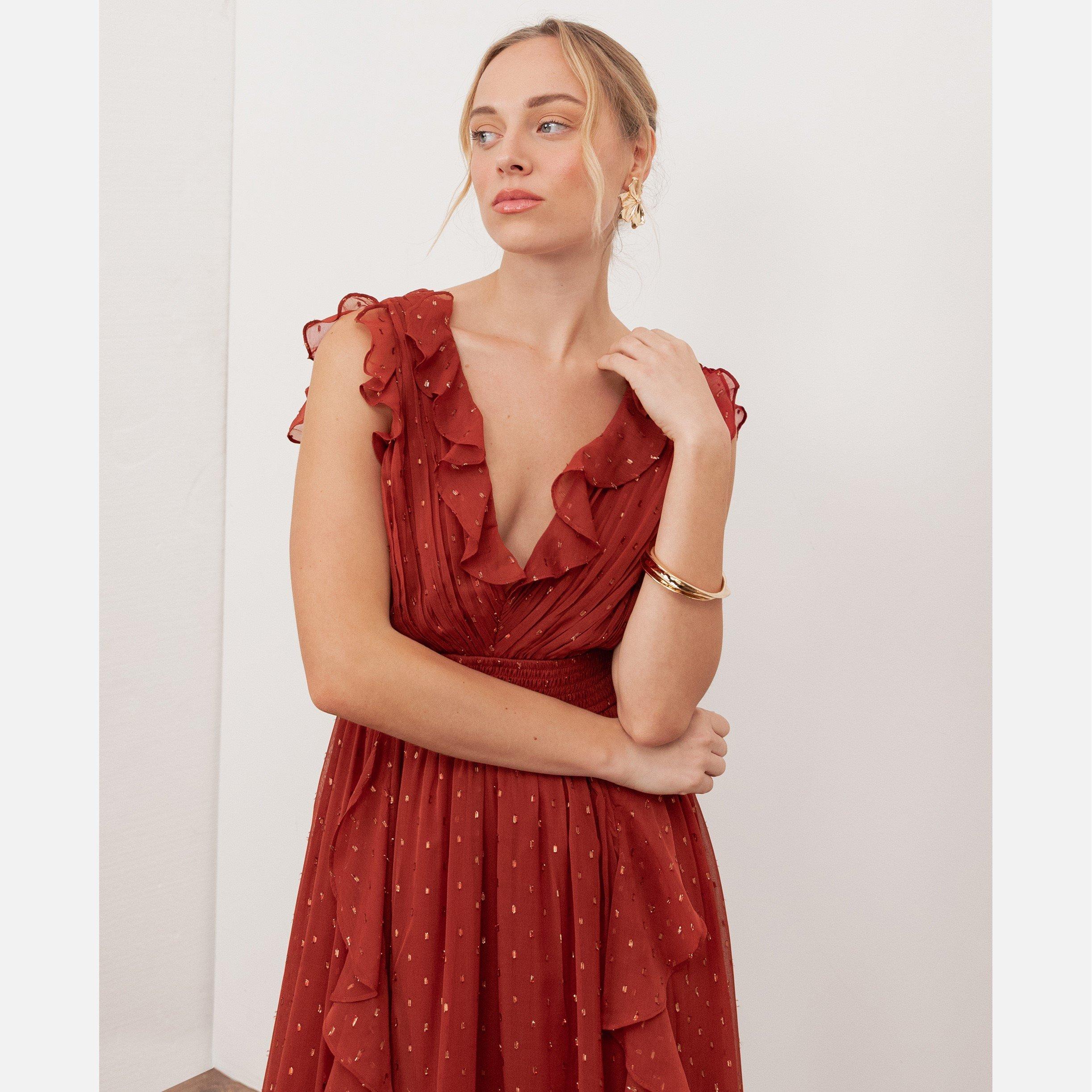 Chilli Red - Anaya With Love - Anaya With Love Recycled Chilli Red Plunge Neck Waterfall Ruffle Maxi Dress - 4