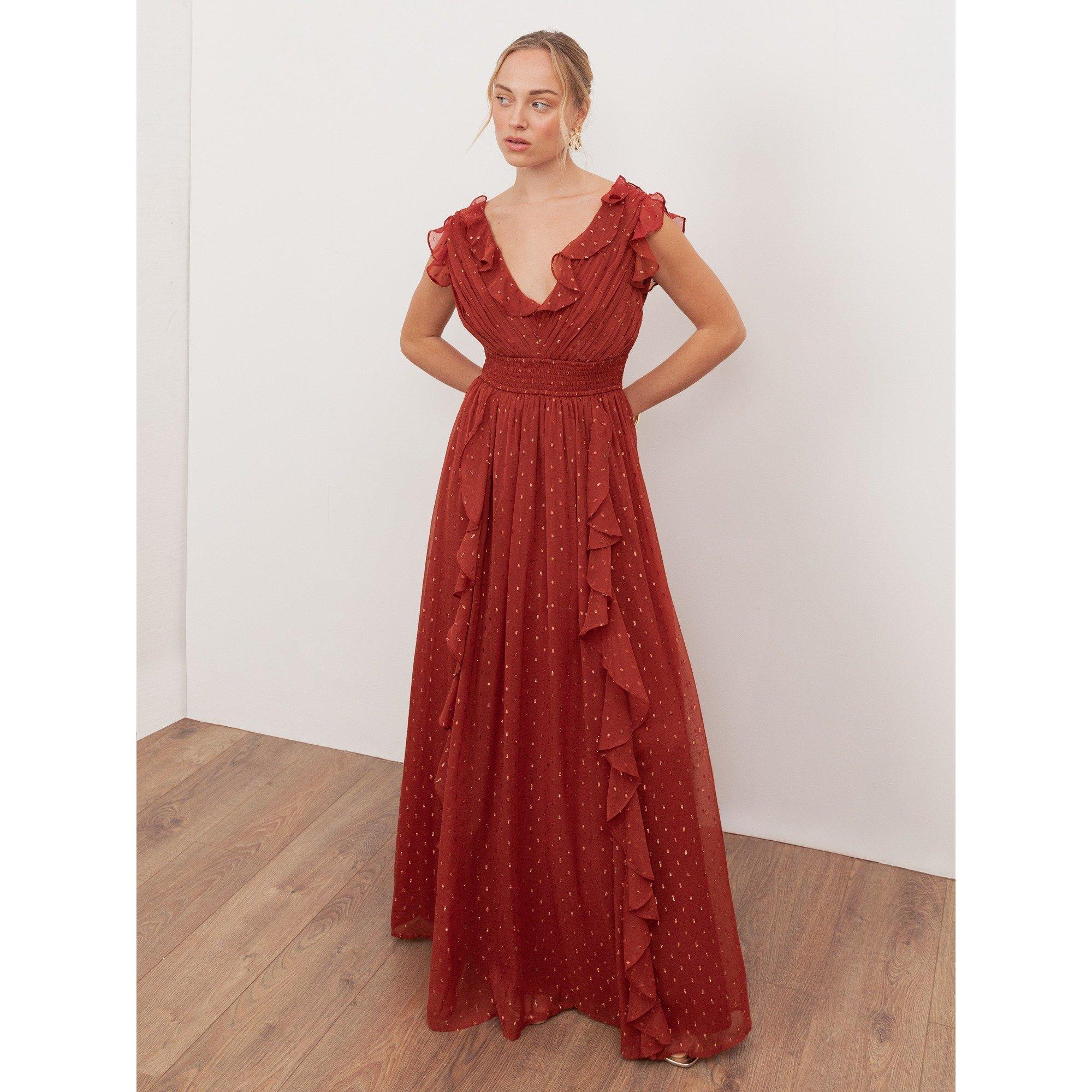 Brown Polka Dot - Anaya With Love - Anaya With Love Recycled Brown Polka Dot Tie-Shoulder Tiered Maxi Dress - 1