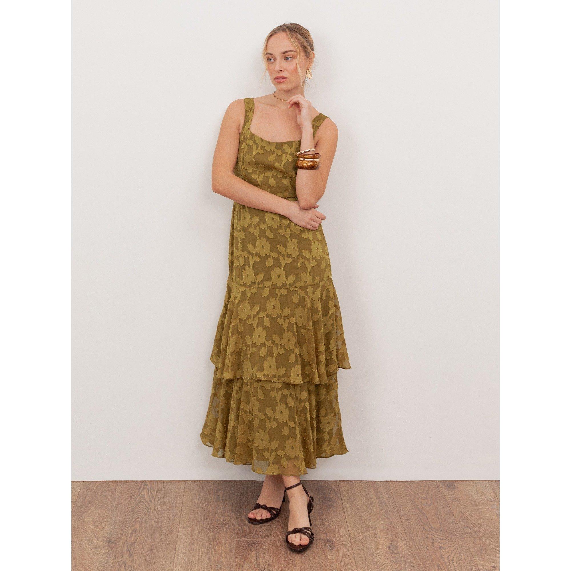 Golden Olive - Anaya With Love - Anaya With Love Recycled Golden Olive Floral Burnout Square Neck Tiered Midaxi Dress - 1