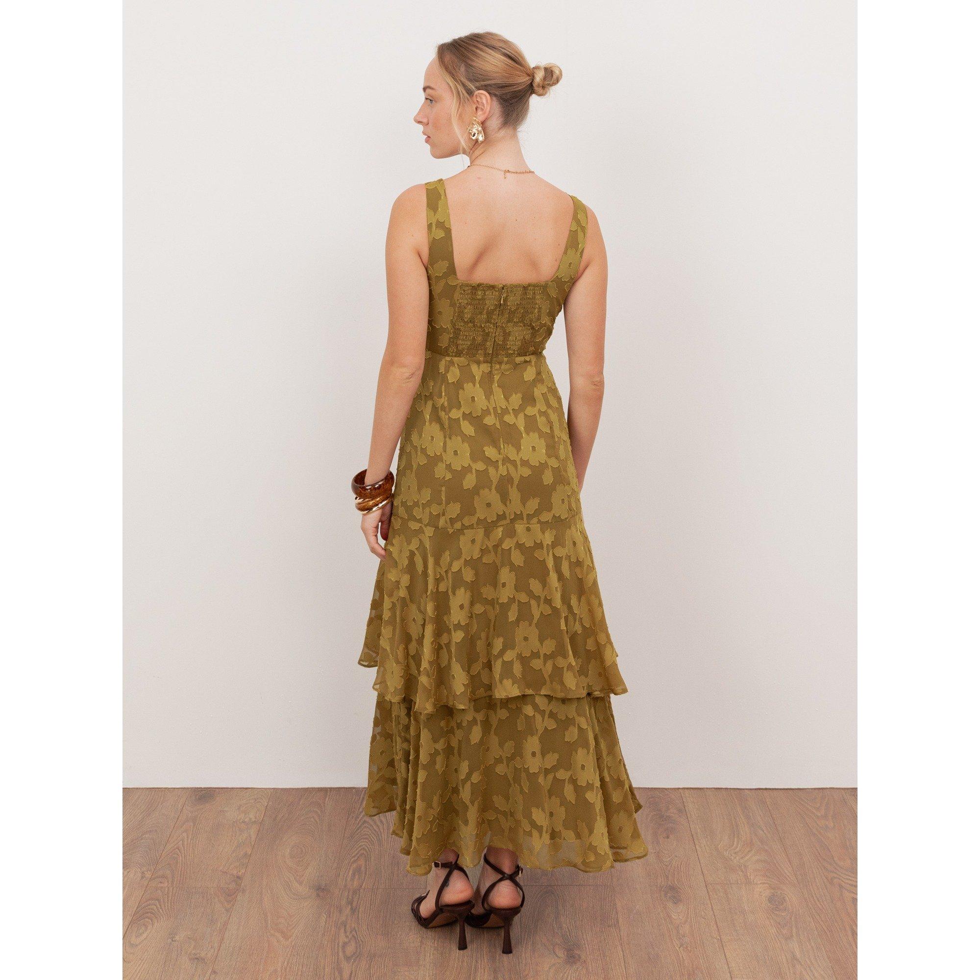 Golden Olive - Anaya With Love - Anaya With Love Recycled Golden Olive Floral Burnout Square Neck Tiered Midaxi Dress - 2