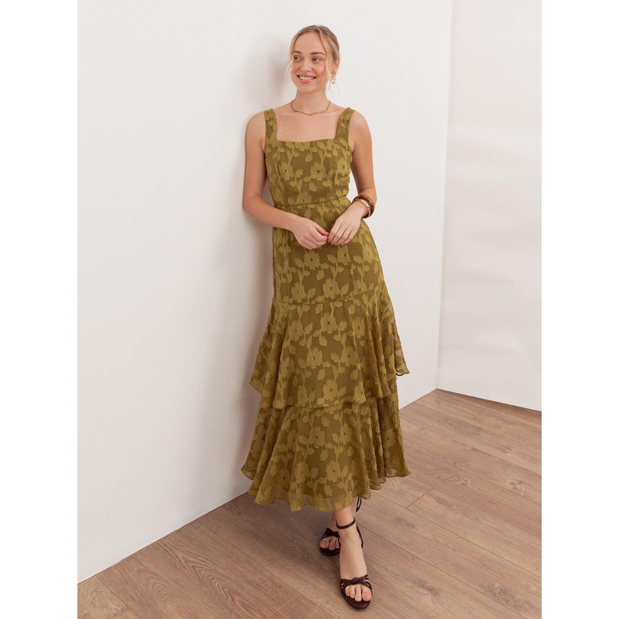 Golden Olive - Anaya With Love - Anaya With Love Recycled Golden Olive Floral Burnout Square Neck Tiered Midaxi Dress - 3