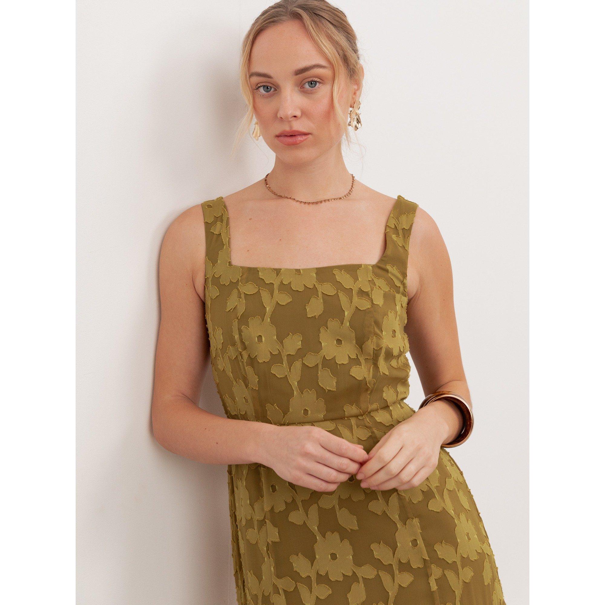 Golden Olive - Anaya With Love - Anaya With Love Recycled Golden Olive Floral Burnout Square Neck Tiered Midaxi Dress - 4