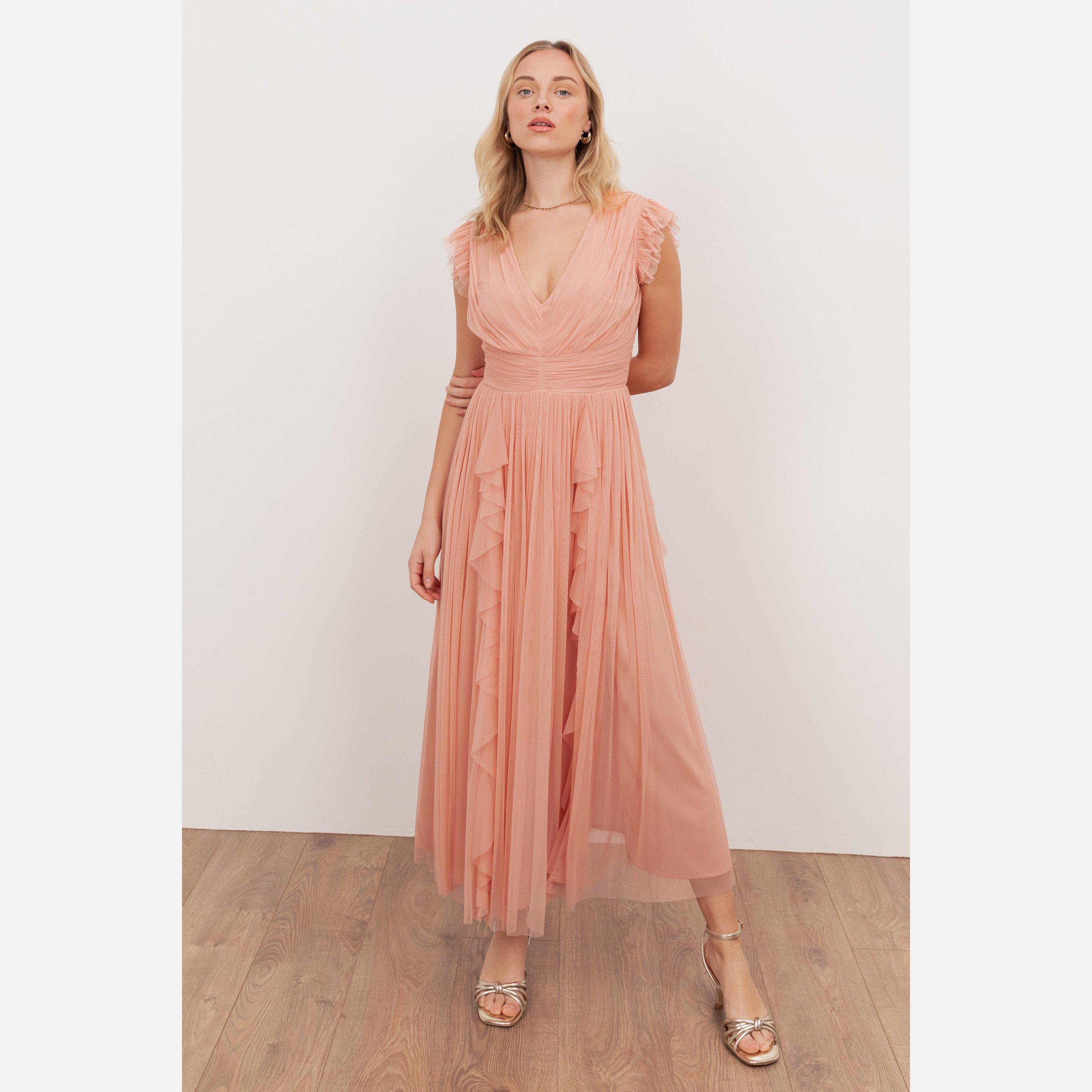 Peach - Anaya With Love - Anaya With Love Recycled Peach V Neck Midaxi Dress with Waterfall Ruffle Detail - 1