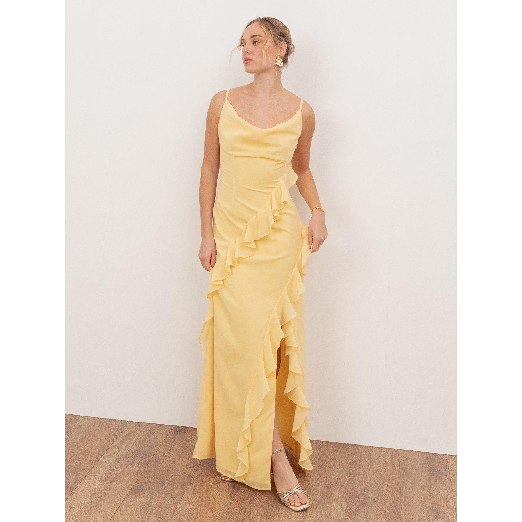 Anaya With Love Anaya With Love Recycled Butter Yellow Waterfall Ruffle Cowl Neck Cami Maxi Dress