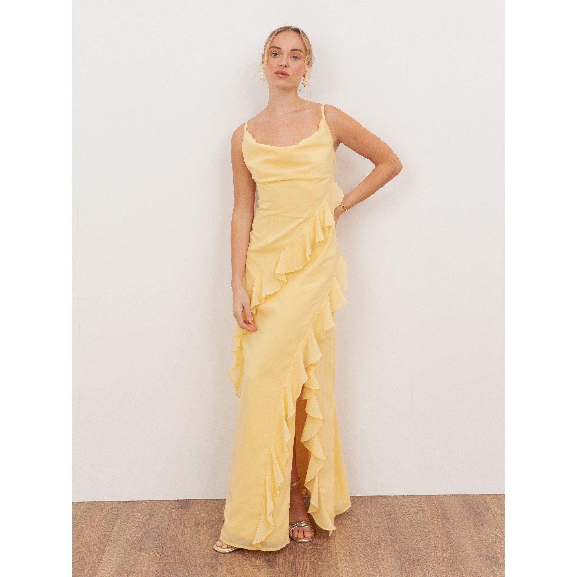 Butter Yellow - Anaya With Love - Anaya With Love Recycled Butter Yellow Waterfall Ruffle Cowl Neck Cami Maxi Dress - 4