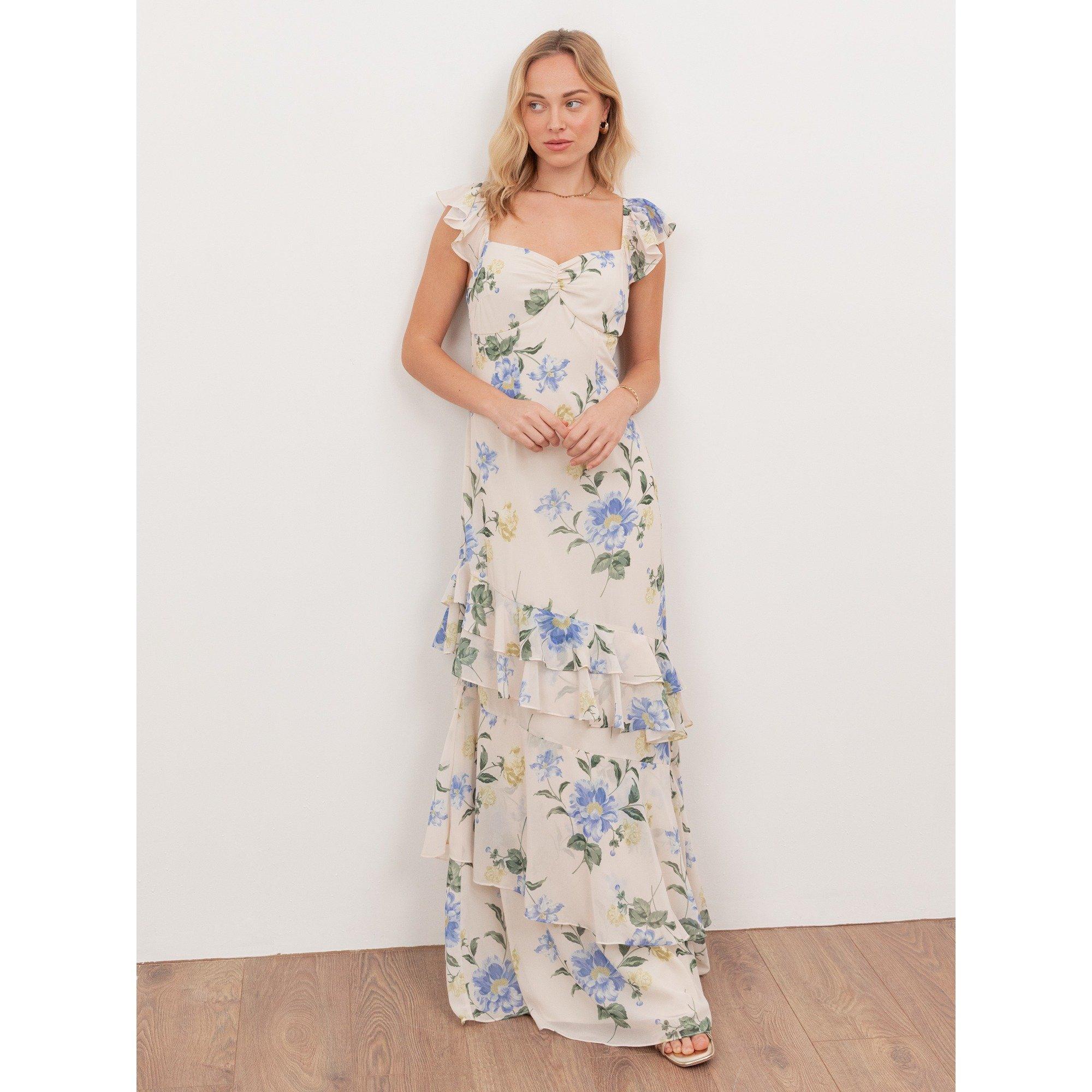 Ivo/Blu Floral - Anaya With Love - Anaya With Love Recycled Floral Flutter Sleeve Asymmetric Ruffle Maxi Dress - 1