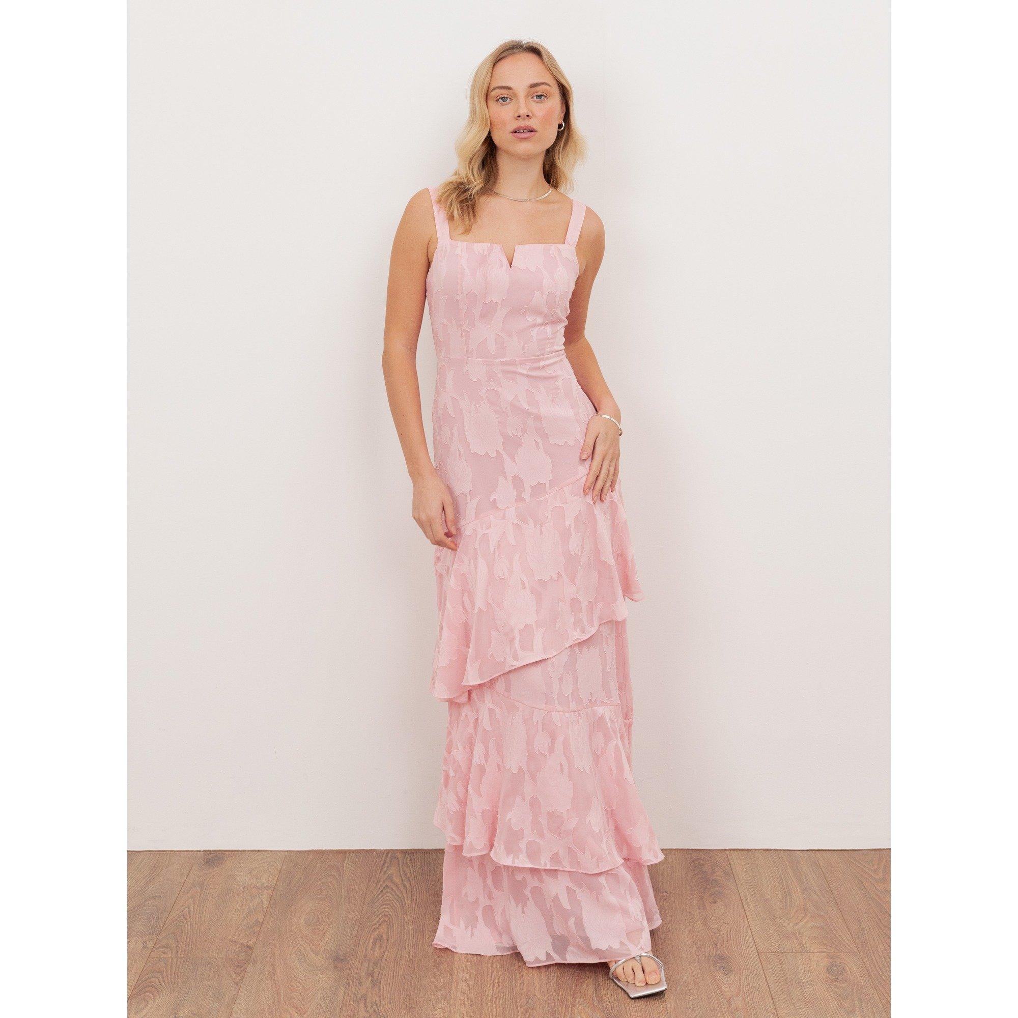 Peony Pink - Anaya With Love - Anaya With Love Recycled Peony Pink Floral Burnout Strappy Asymmetric Ruffle Maxi Dress - 1