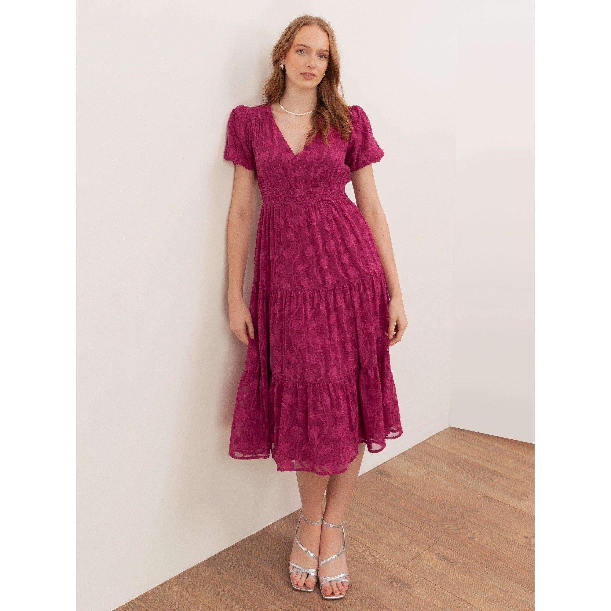 Lovedrobe Women's Short Sleeve Floral Burnout Midi Dress Fuchsia - 14 (L)