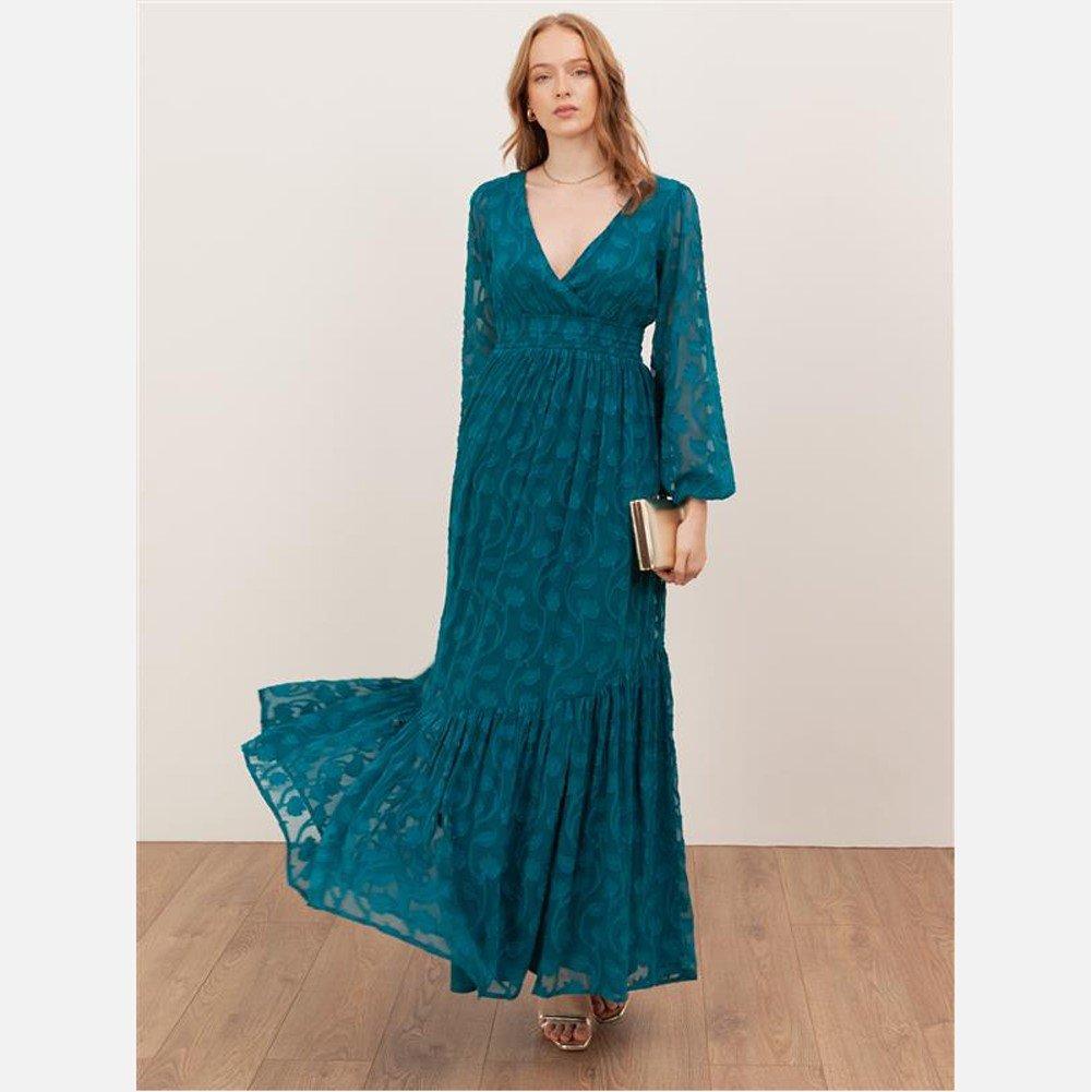 Teal Green - Lovedrobe - Lovedrobe Teal Floral Burnout Tie-Back Maxi Dress with Asymmetric Split Hem - 1