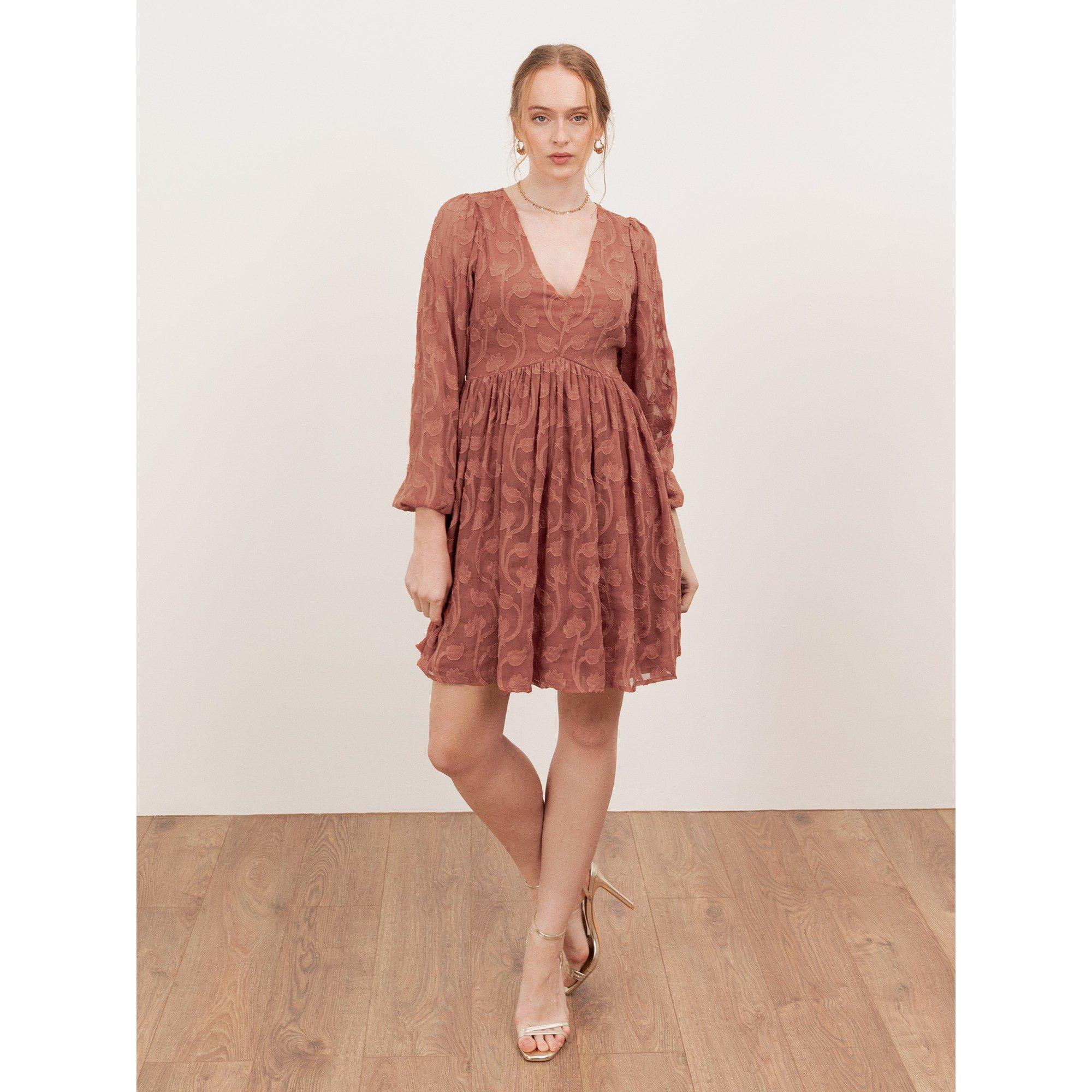 Terracotta Pink - Lovedrobe - Lovedrobe Terracotta Floral Burnout Maxi Sleeve Mini Dress - 1