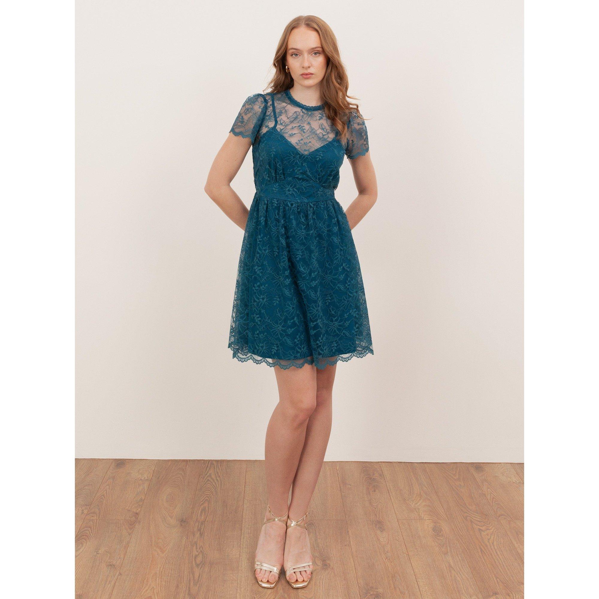 Lovedrobe Women's Teal Floral Lace Short Sleeve Mini Dress - Teal Green - 14 (L)