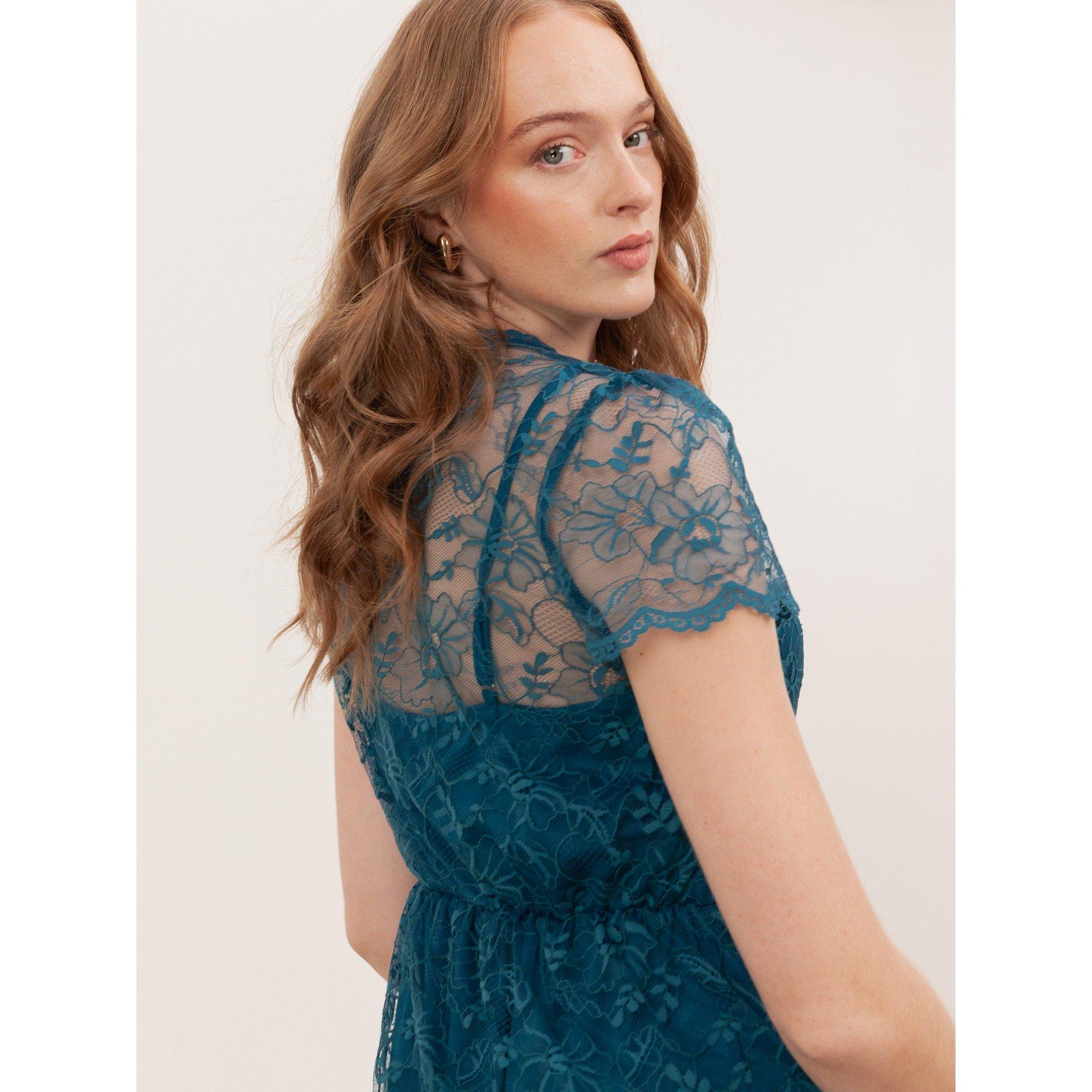 Verde turchese - Lovedrobe - Lovedrobe Teal Floral Lace Short Sleeve Mini Dress - 2