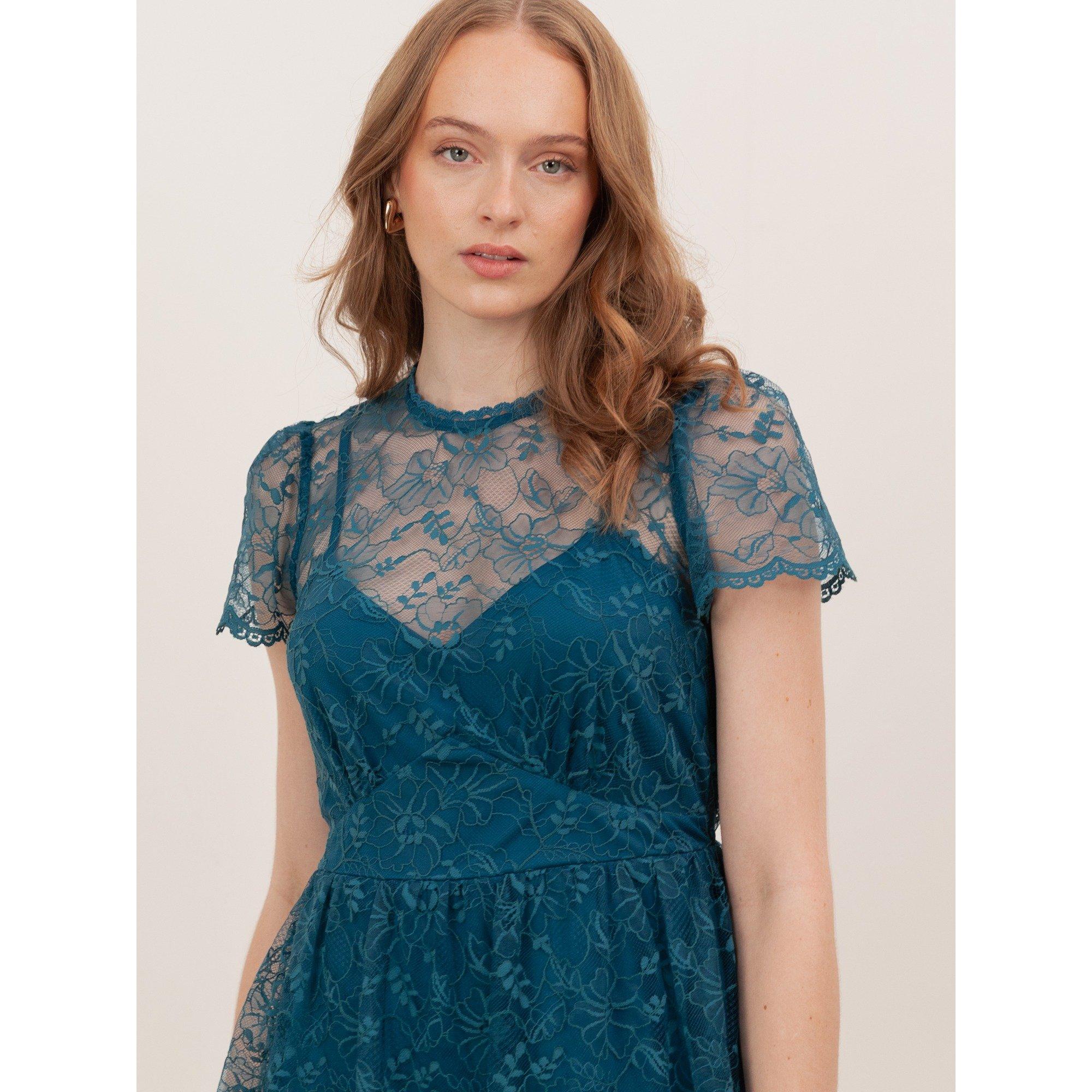 Verde turchese - Lovedrobe - Lovedrobe Teal Floral Lace Short Sleeve Mini Dress - 3