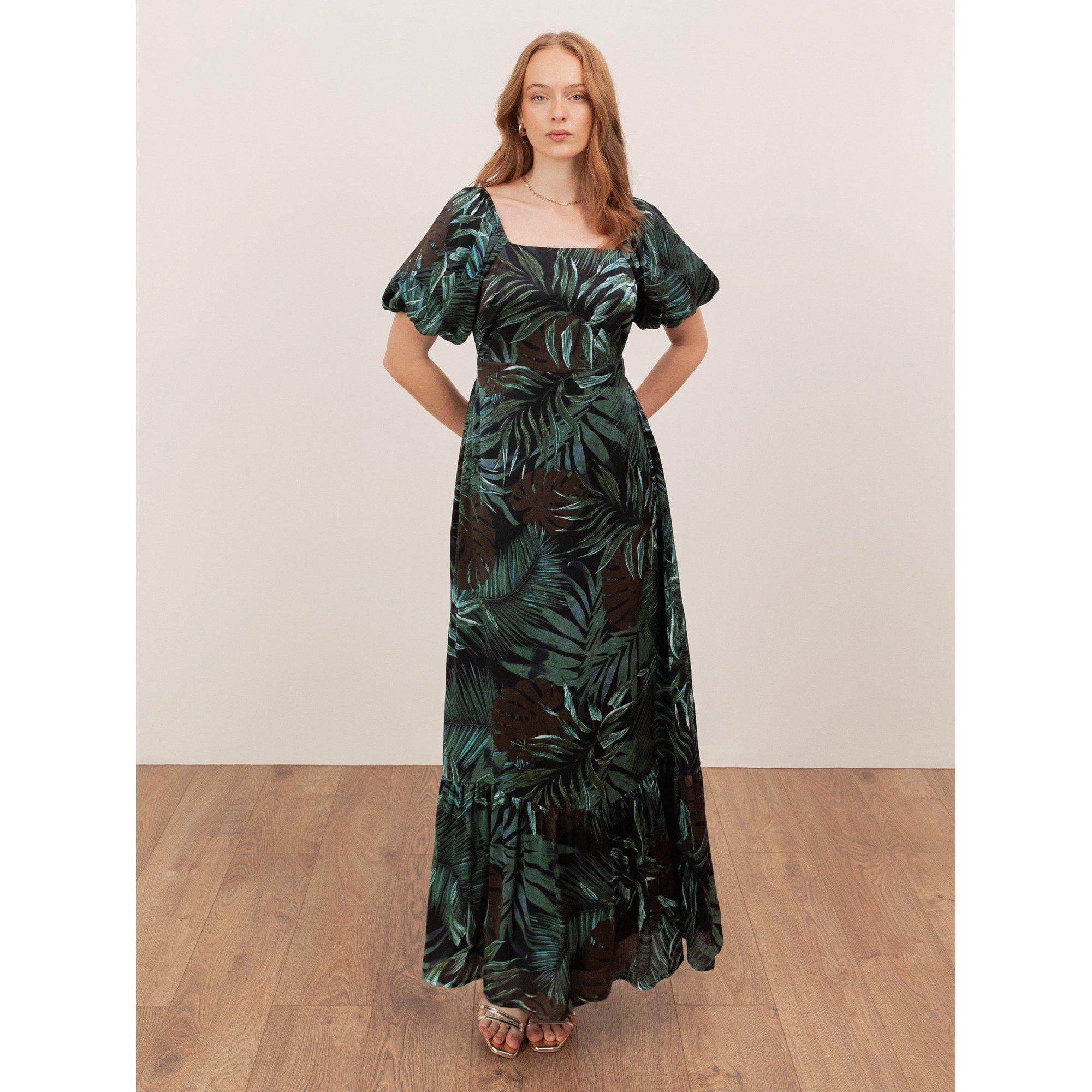 Lovedrobe Women's Tropical Print Square Neck Short Sleeve Maxi Dress - Navy - 14 (L)