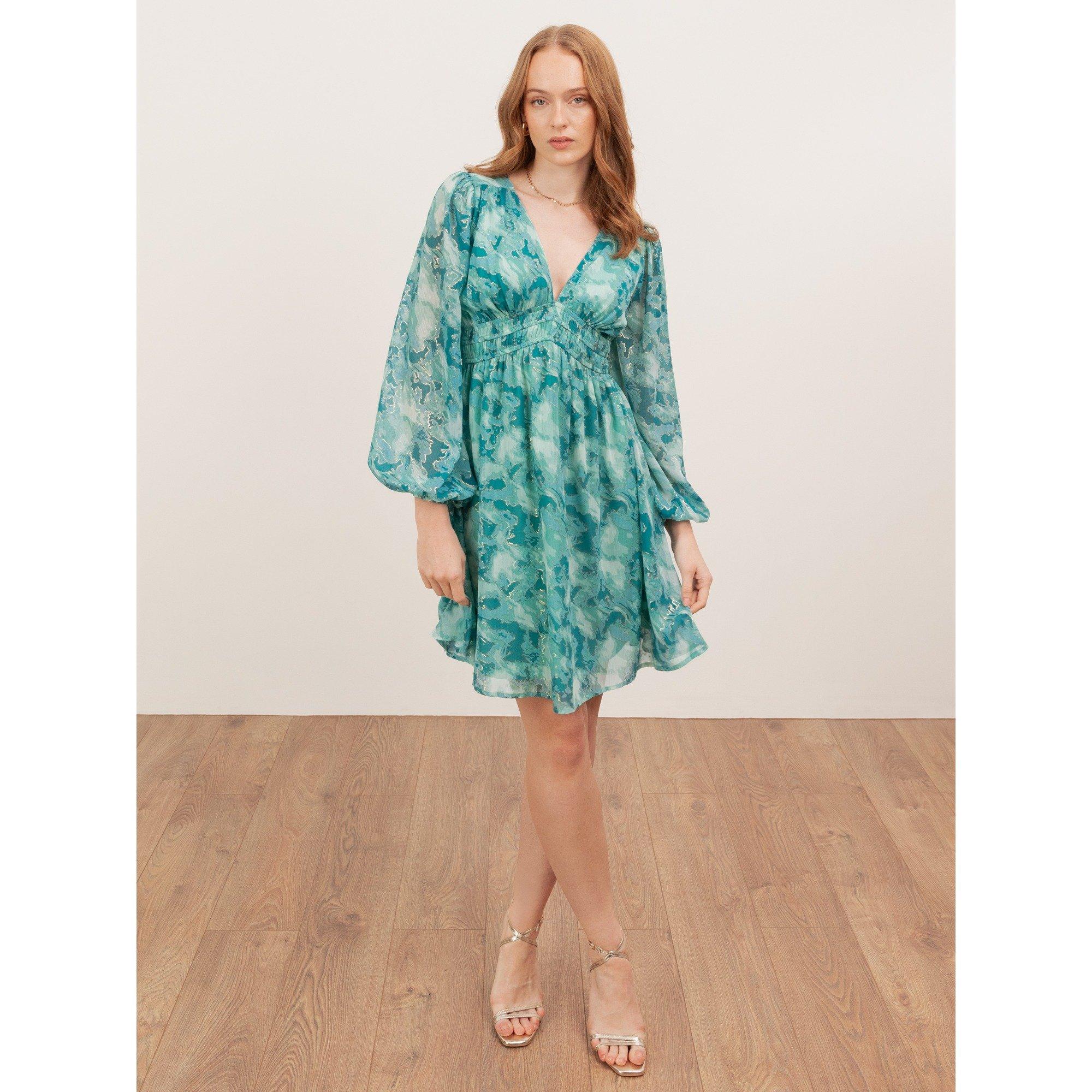 Lovedrobe Women's Abstract Print Maxi Sleeve Shirred Empire Waist Mini Dress - Green - 10 (S)