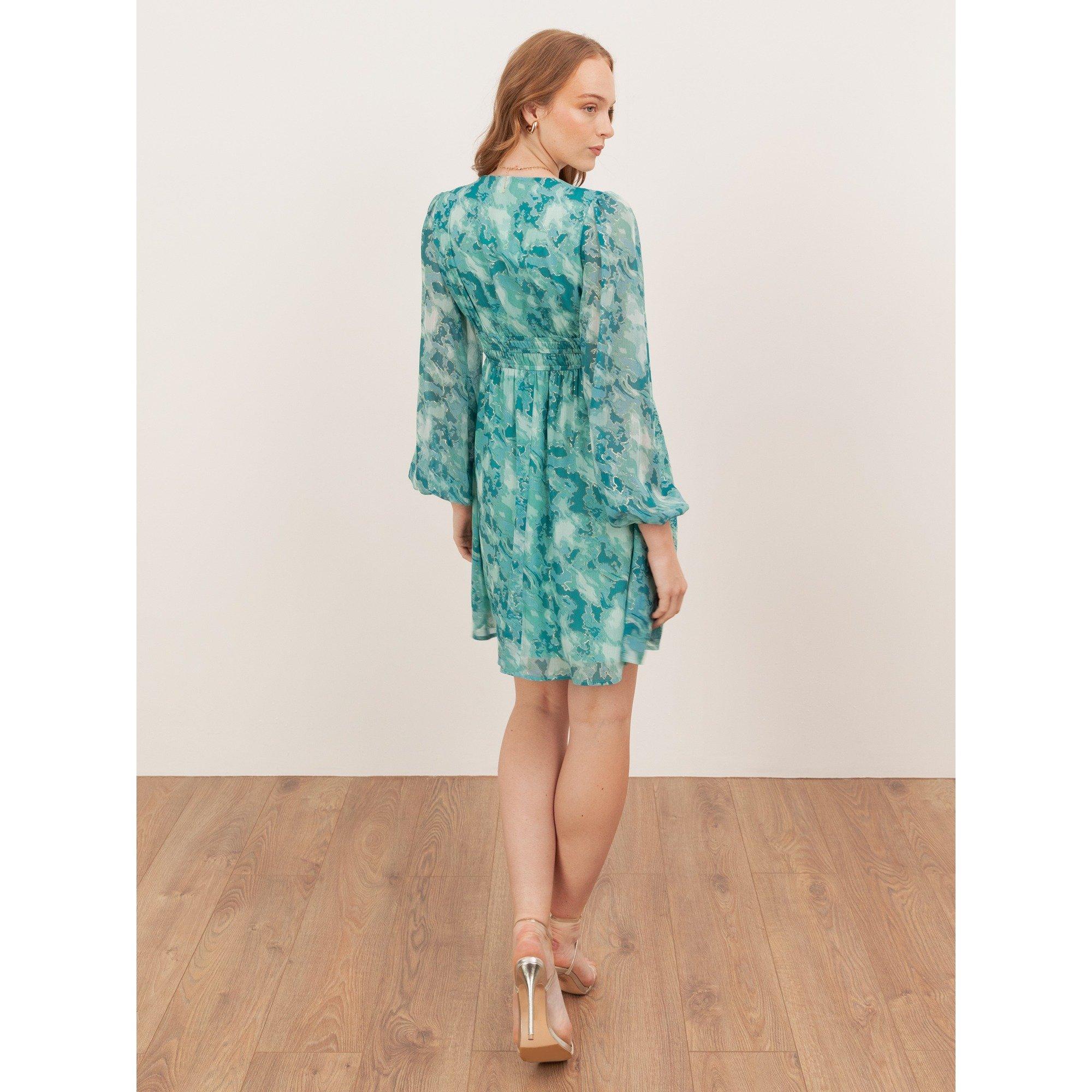 Verde - Lovedrobe - Lovedrobe Abstract Print Maxi Sleeve Shirred Empire Waist Mini Dress - 2