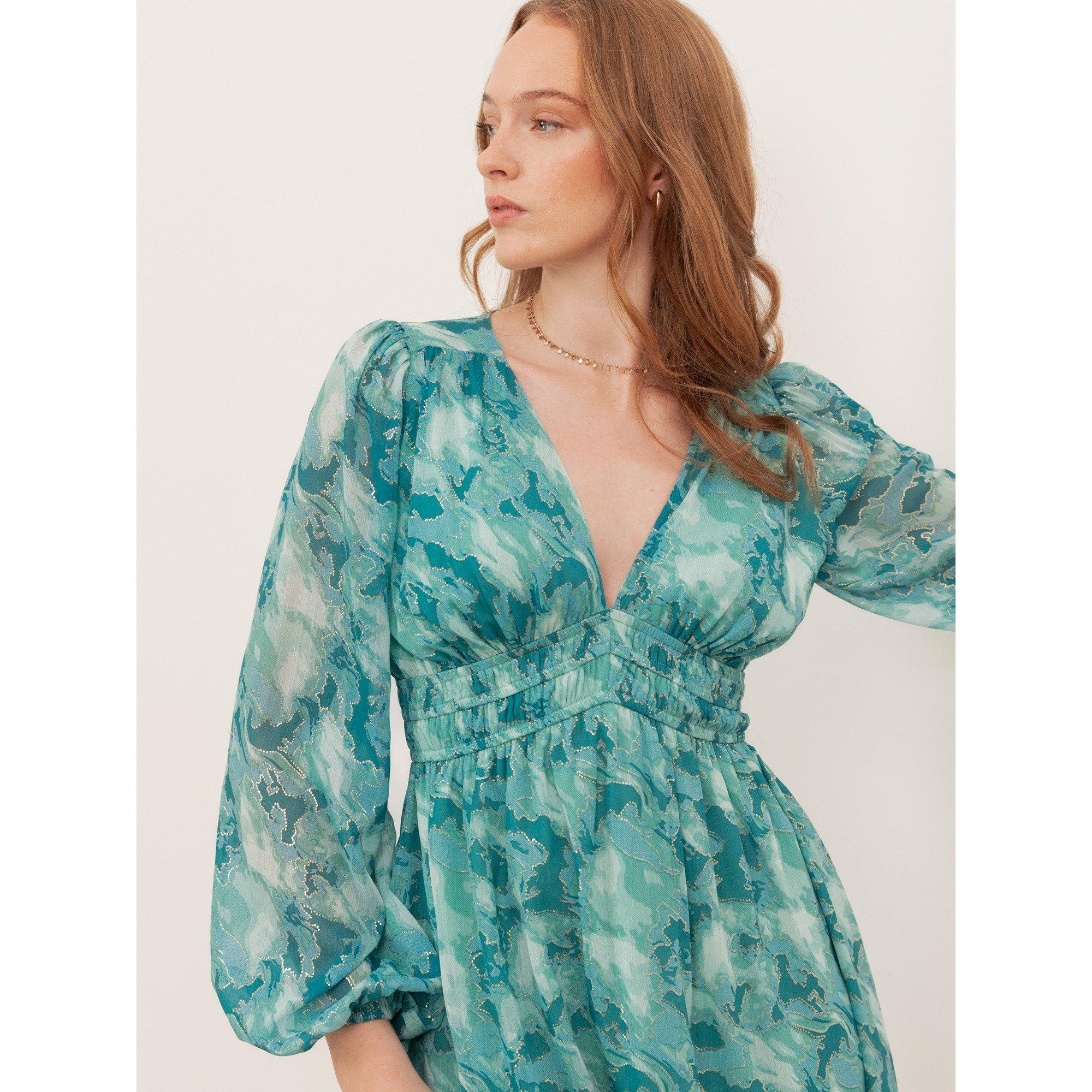 Verde - Lovedrobe - Lovedrobe Abstract Print Maxi Sleeve Shirred Empire Waist Mini Dress - 3