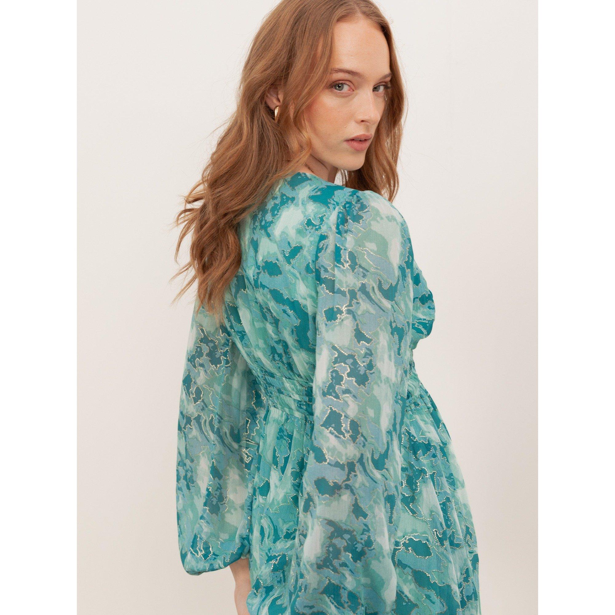 Verde - Lovedrobe - Lovedrobe Abstract Print Maxi Sleeve Shirred Empire Waist Mini Dress - 4