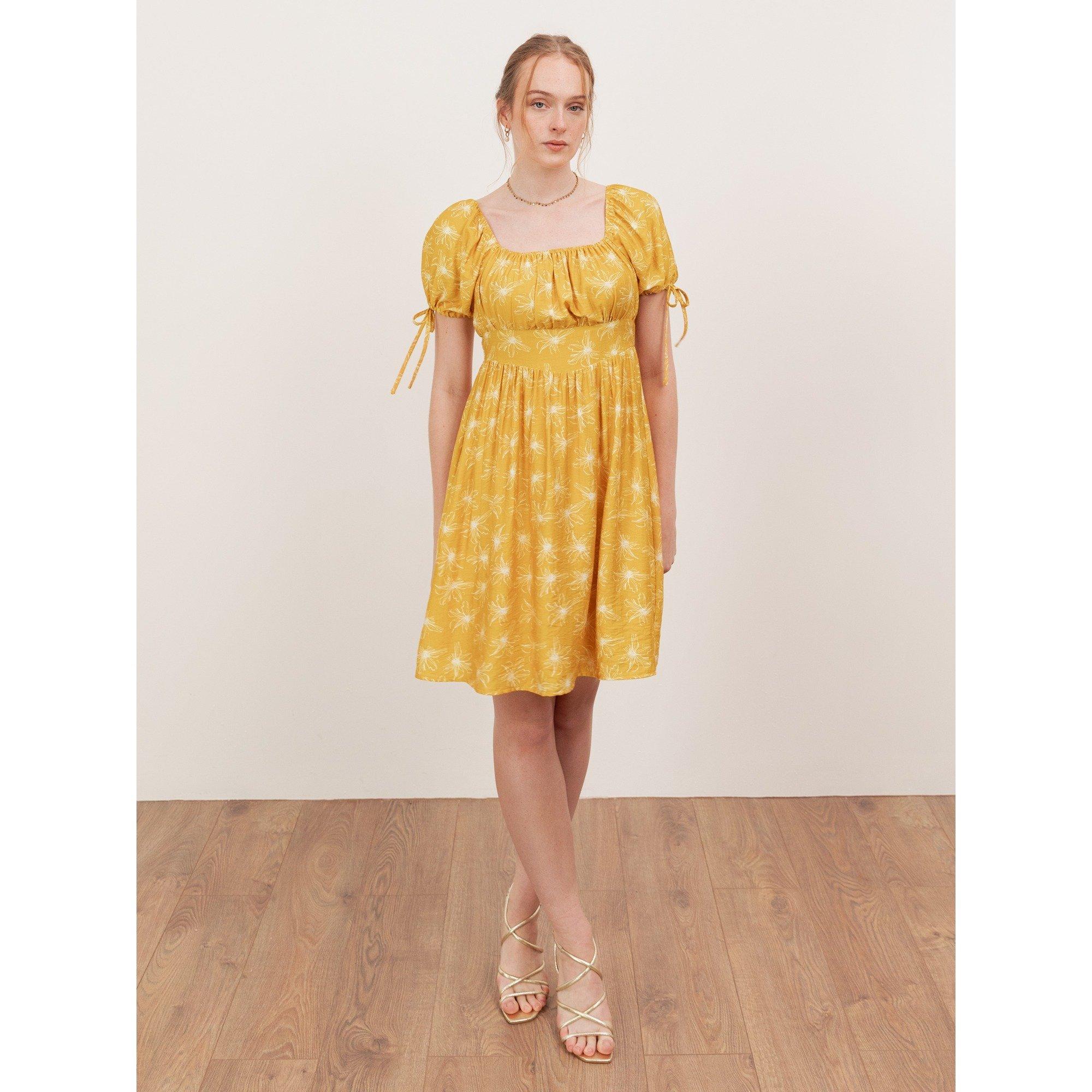 Lovedrobe Women's Floral Elasticated Square Neck Mini Dress Yellow - 12 (M)