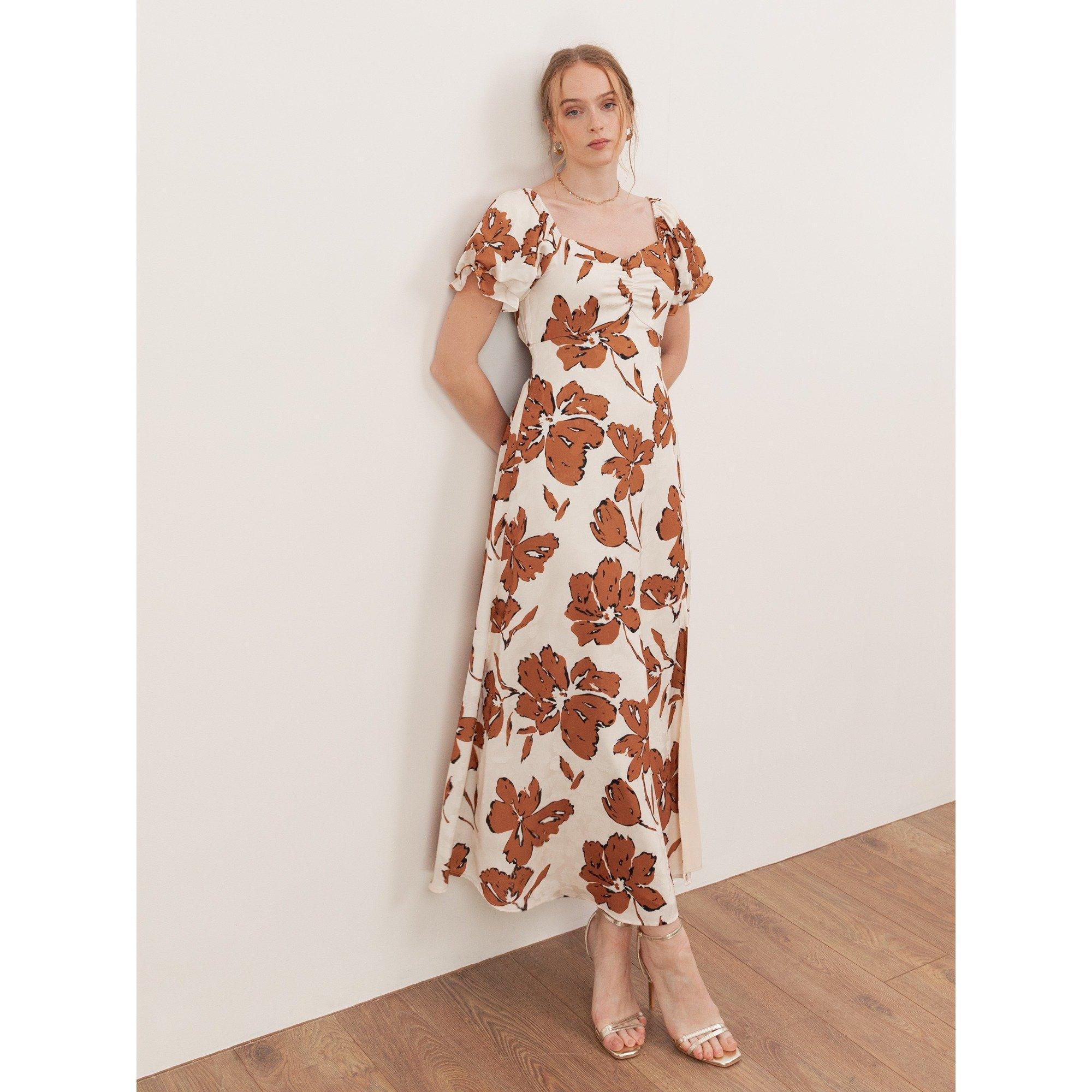 Cream - Lovedrobe - Lovedrobe Textured Floral Midaxi Dress with Ruched Front - 1