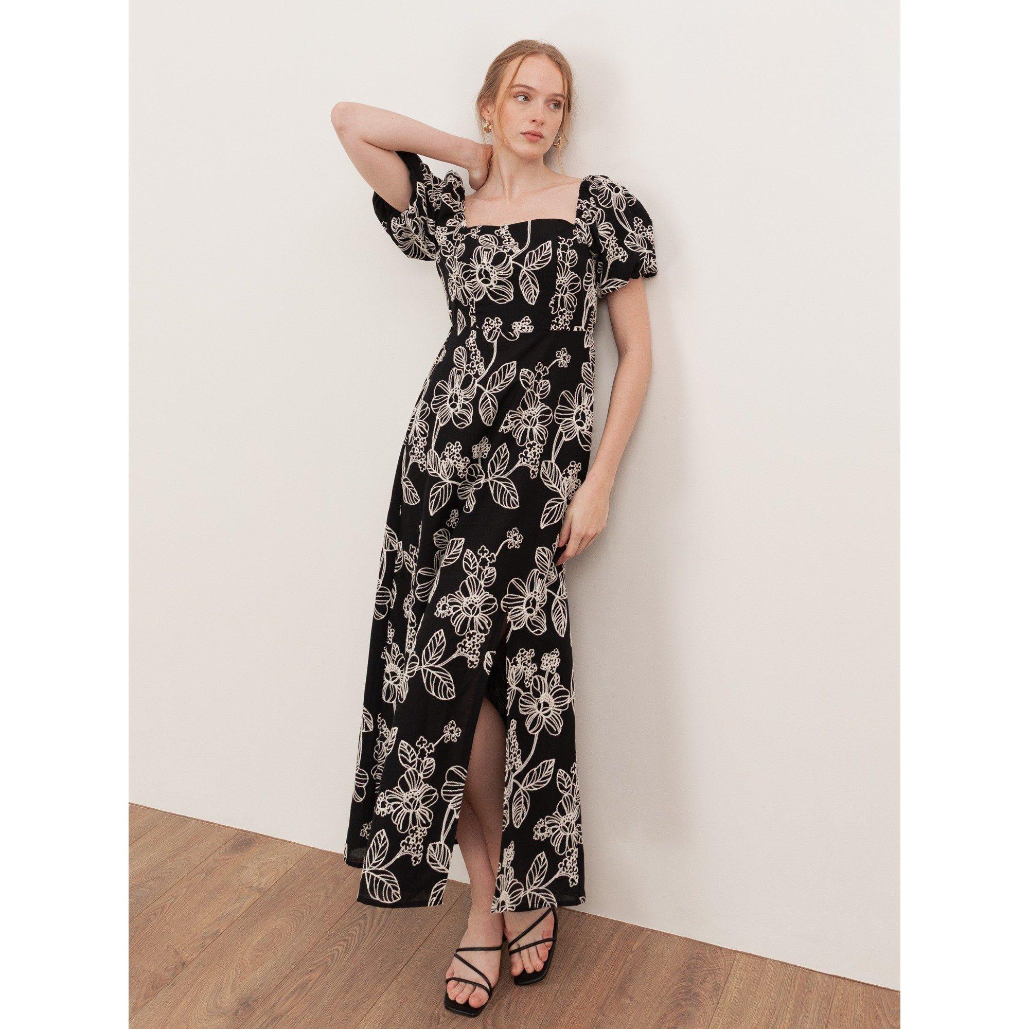 Black - Lovedrobe - Lovedrobe Black Embroidered Short Sleeve Square Neck Midaxi Dress - 1