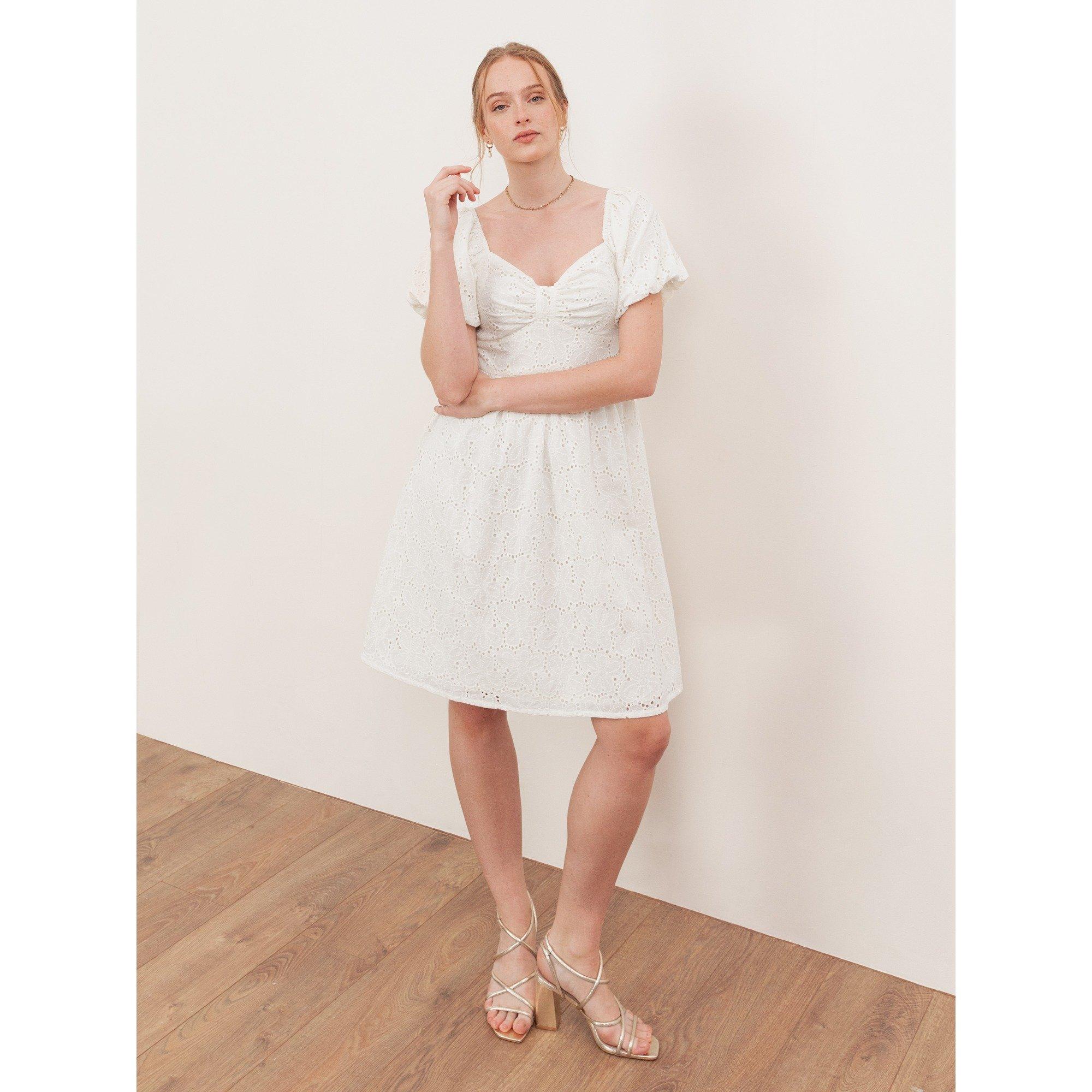 Lovedrobe Women's Broderie Bow Detail Mini Dress Cream - 14 (L)