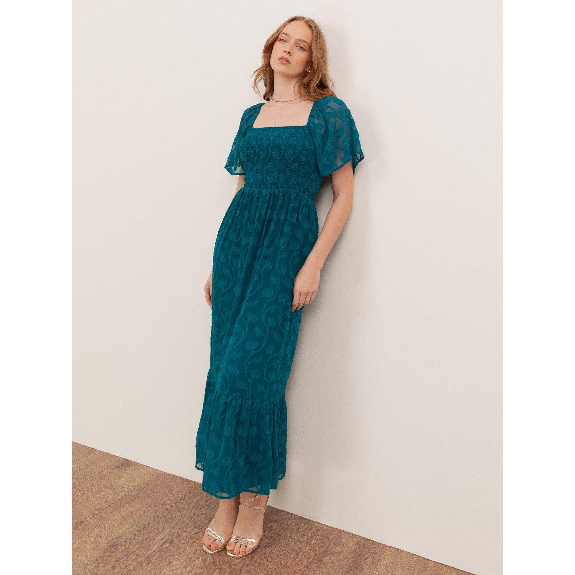 Lovedrobe Women's Teal Floral Burnout Square Neck Shirred Midaxi Dress - Teal Green - 14 (L)