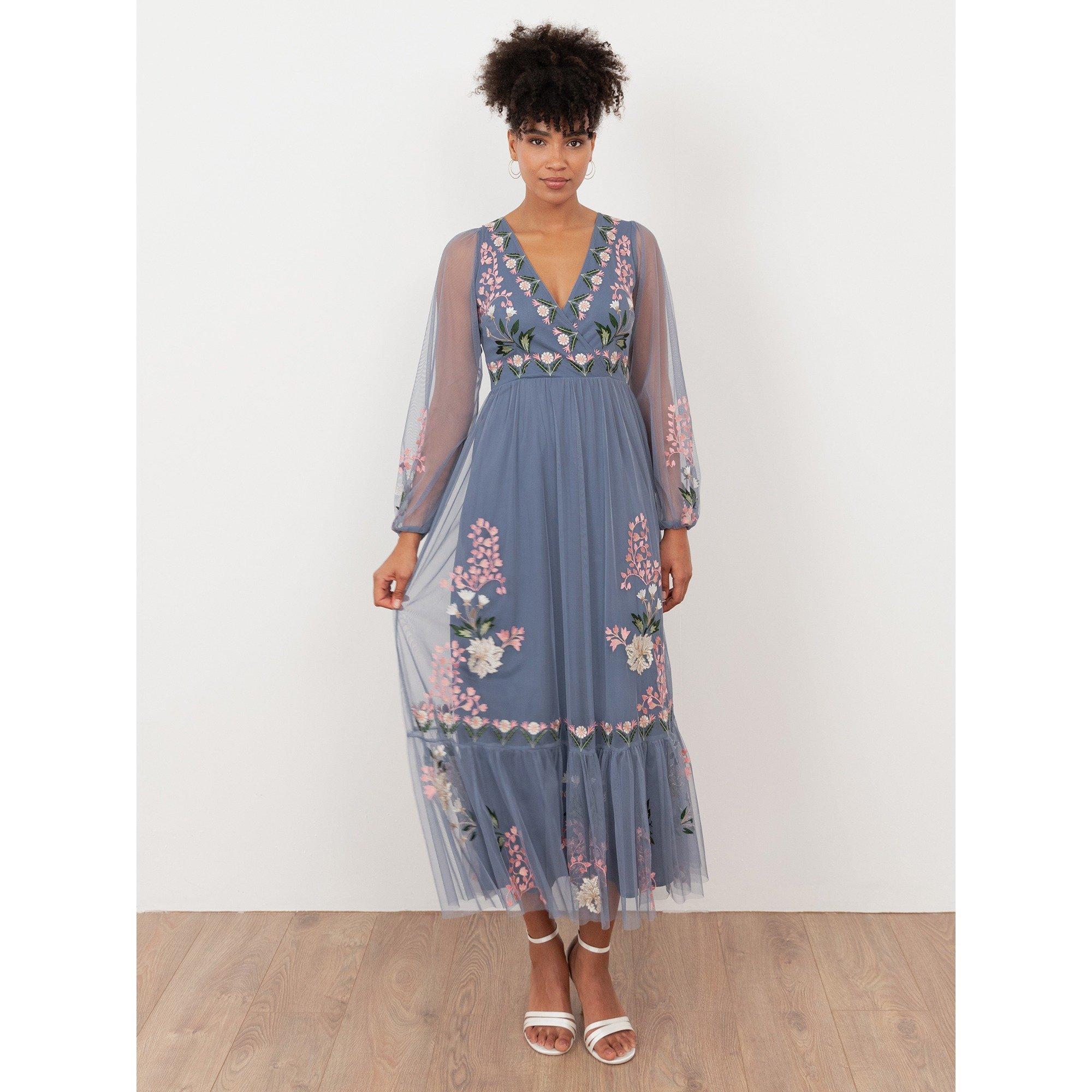 Blu Infinito - Maya Deluxe - Maya Infinity Blue Embroidered Faux Wrap Maxi Sleeve Midaxi Dress - 1