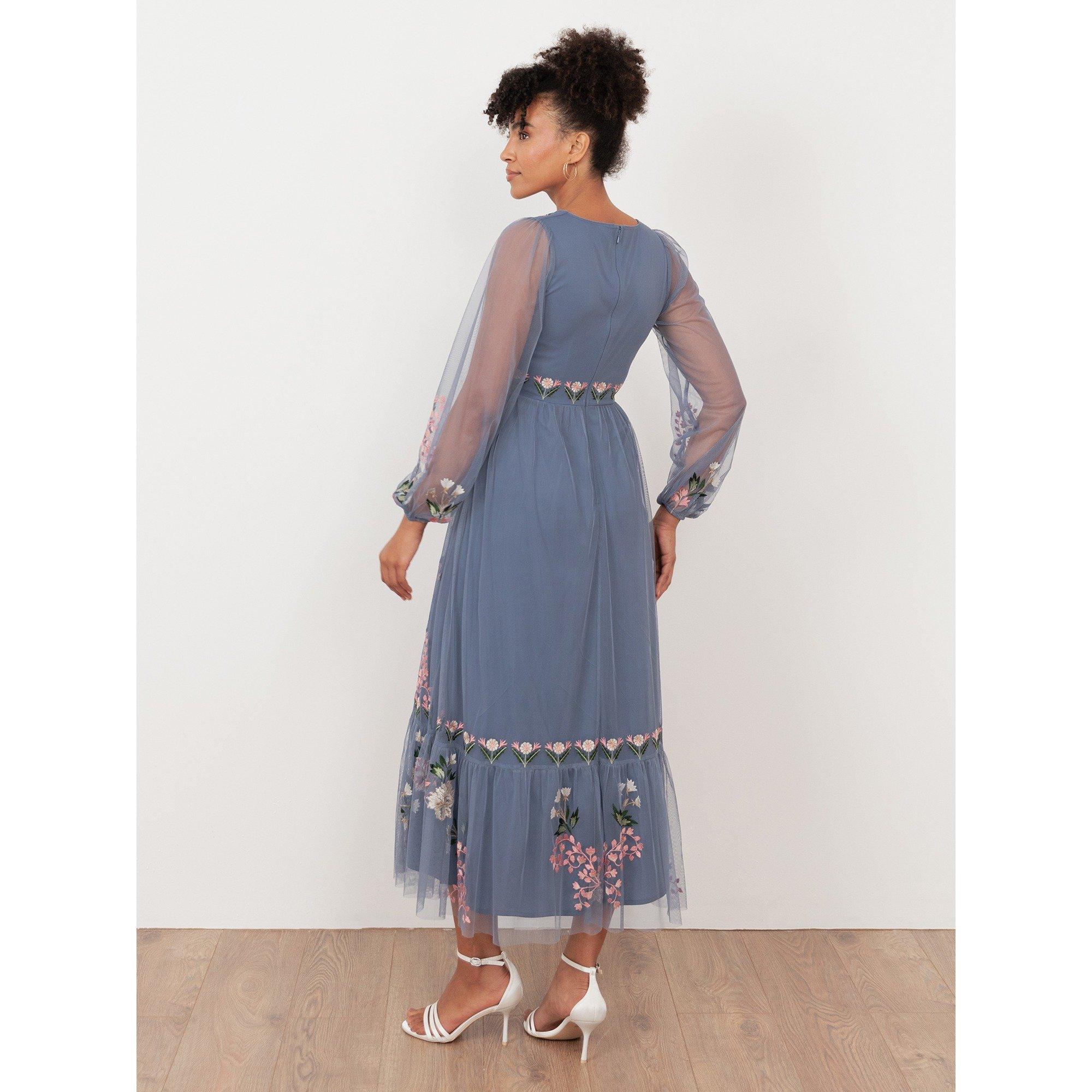 Blu Infinito - Maya Deluxe - Maya Infinity Blue Embroidered Faux Wrap Maxi Sleeve Midaxi Dress - 2